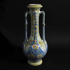 French Art Nouveau Polychrome Majolica Vase with Four Handles by Gibus and Redon