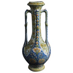 French Art Nouveau Polychrome Majolica Vase with Four Handles by Gibus and Redon