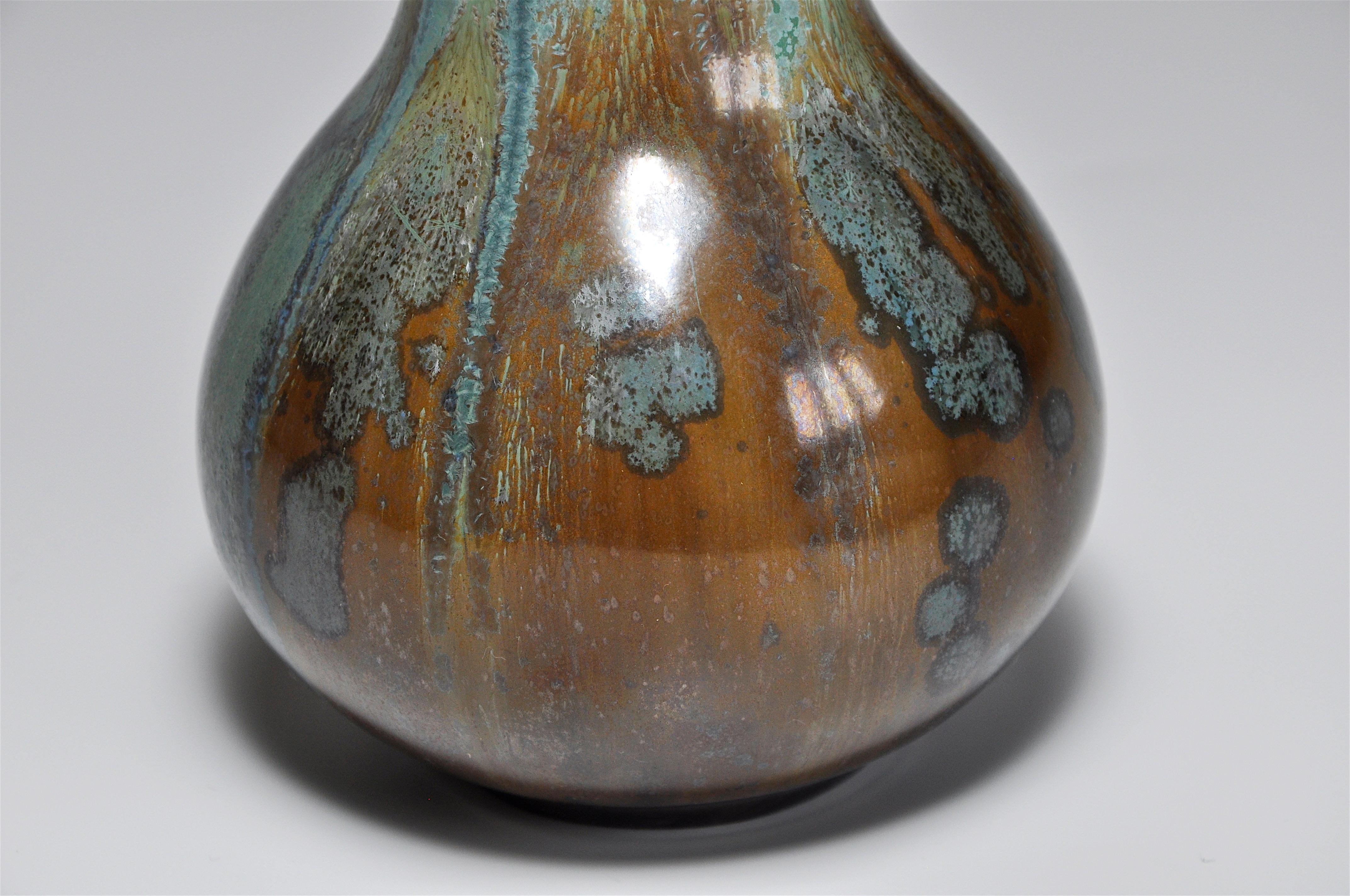 Unknown French Art Nouveau Pottery Blue Green Crystalline Glaze Pot Vase Pierrefonds For Sale