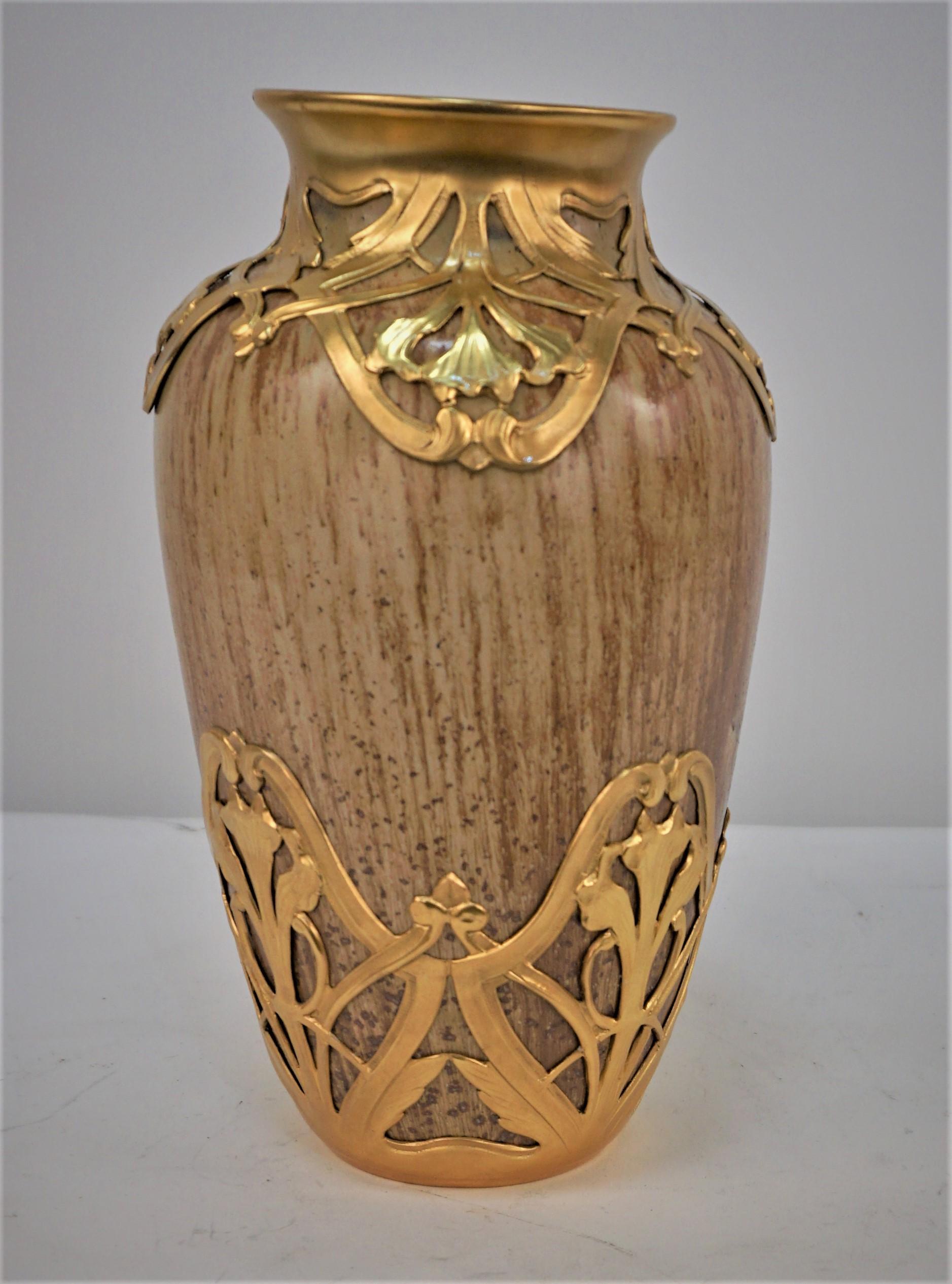 French Art Nouveau Pottery & Dore Bronze Vase by Serve For Sale 5