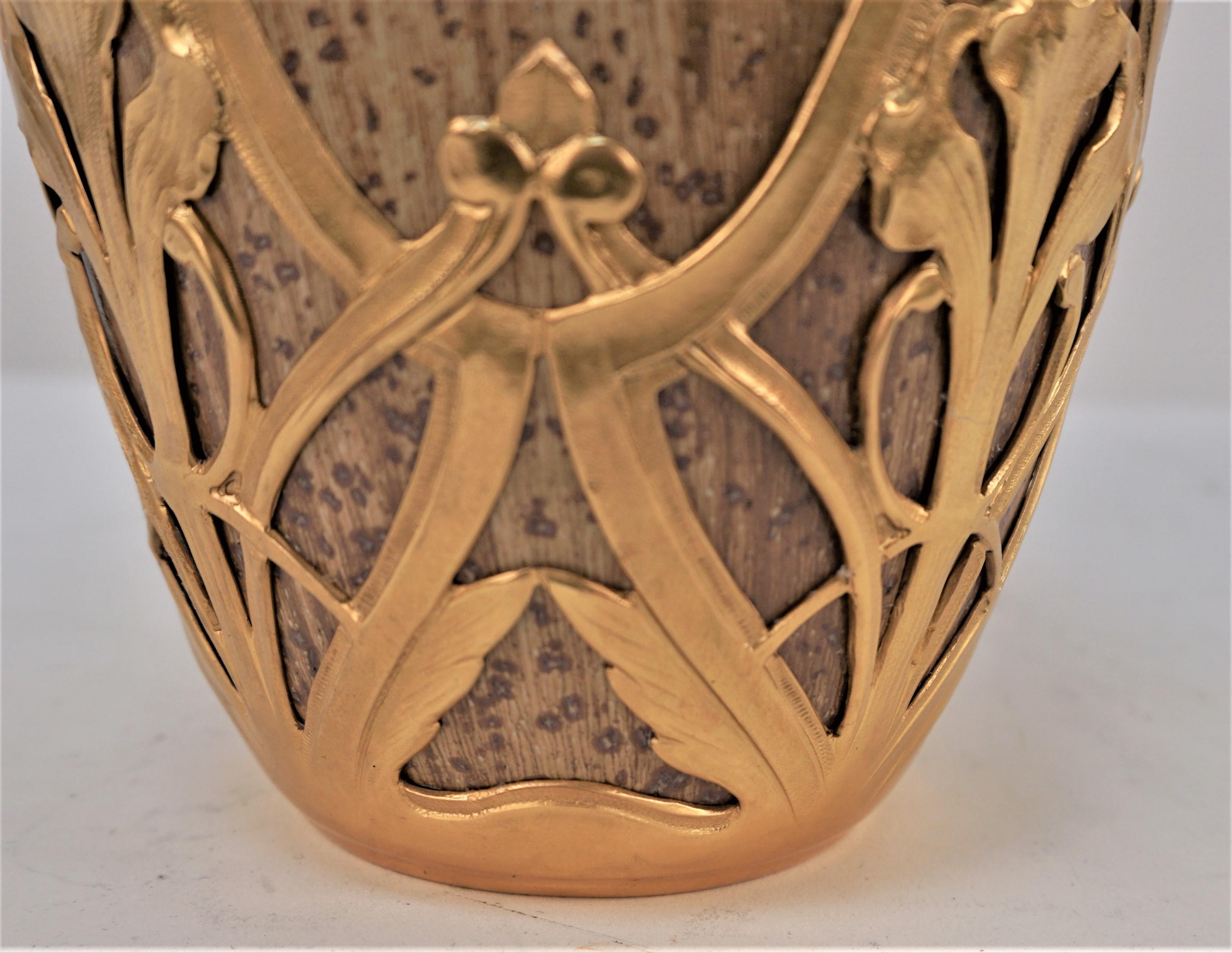Gilt French Art Nouveau Pottery & Dore Bronze Vase by Serve For Sale