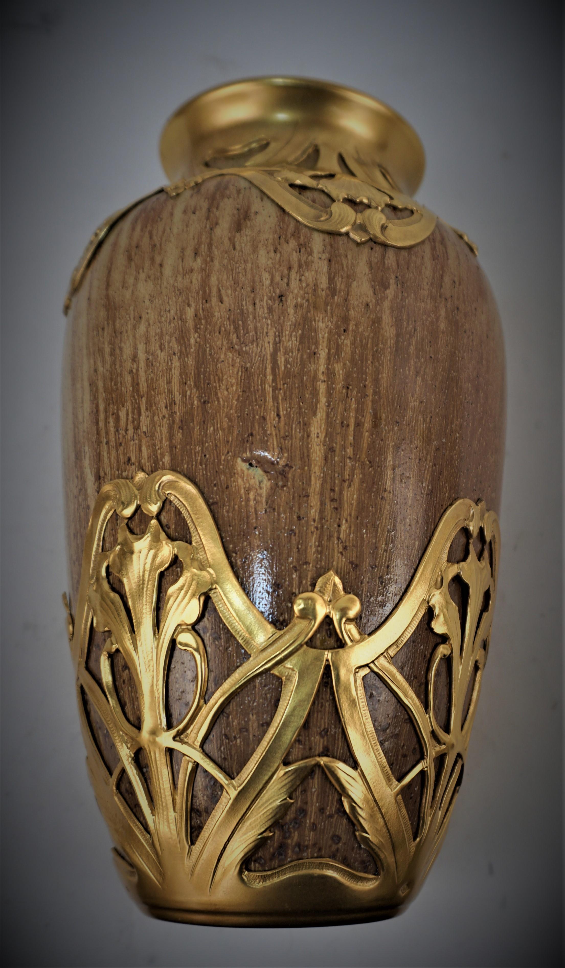 French Art Nouveau Pottery & Dore Bronze Vase by Serve For Sale 2