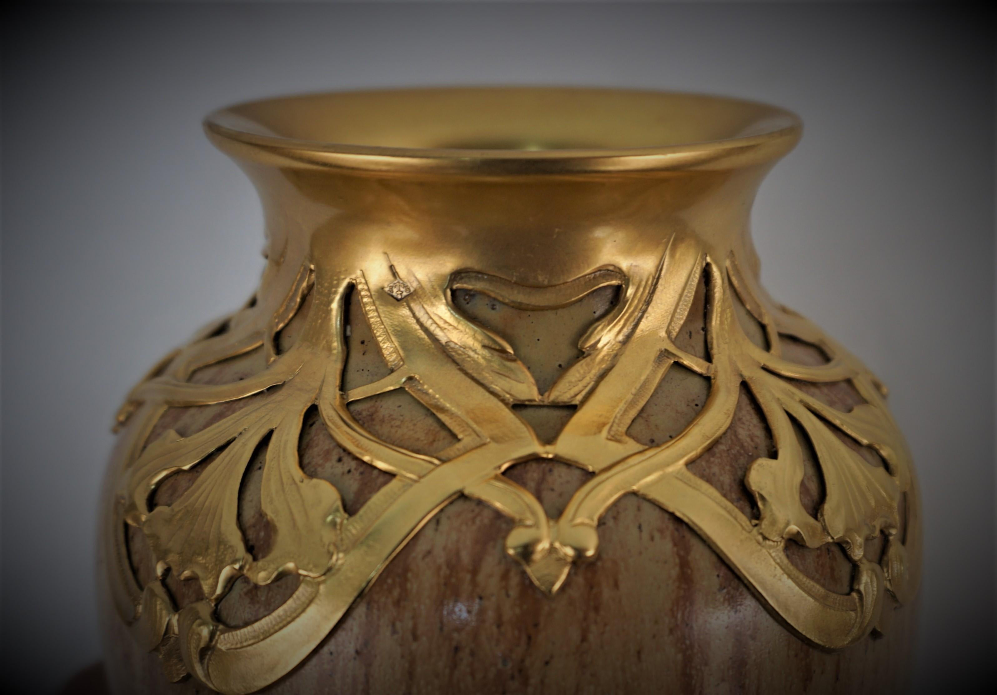 French Art Nouveau Pottery & Dore Bronze Vase by Serve For Sale 3