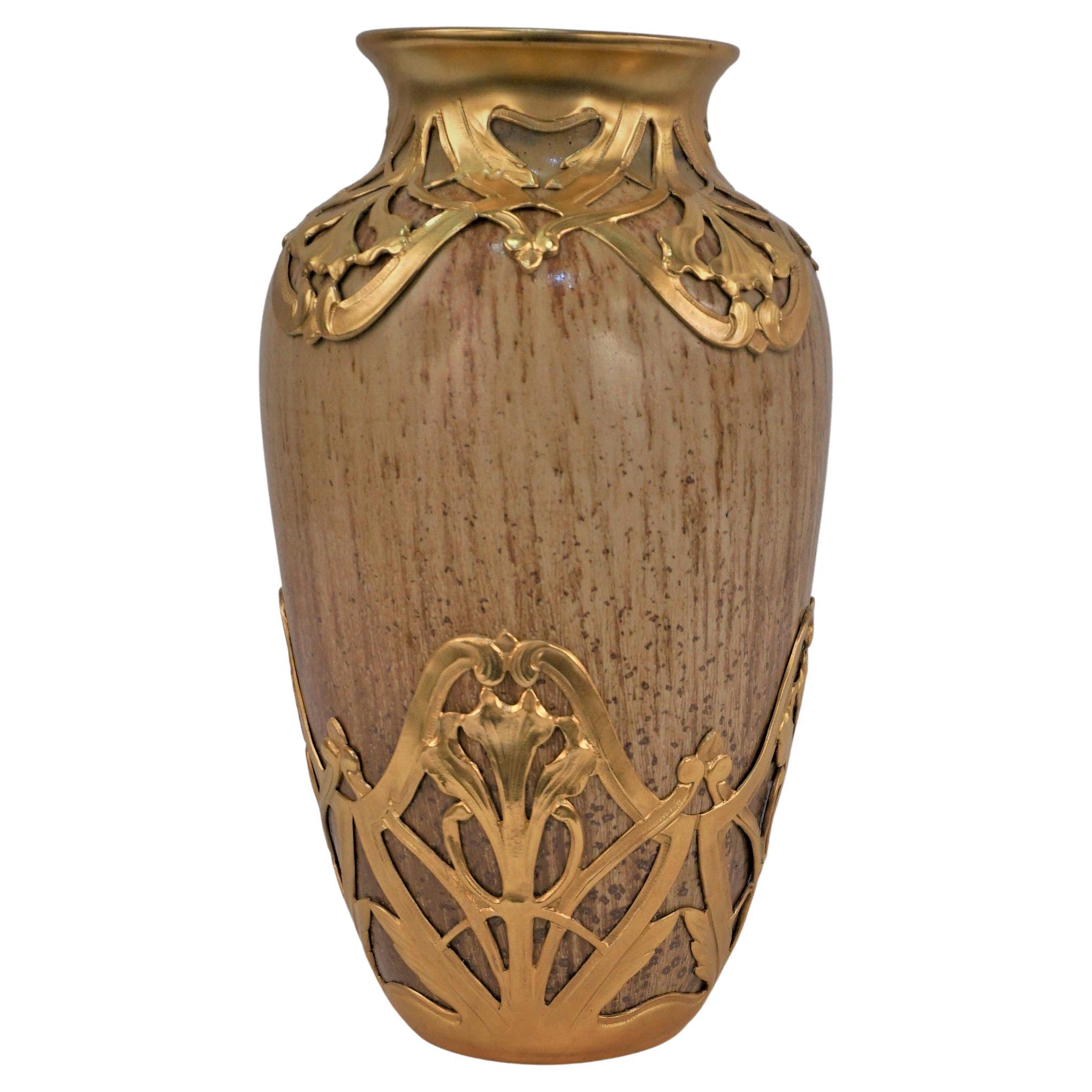 French Art Nouveau Pottery & Dore Bronze Vase by Serve For Sale