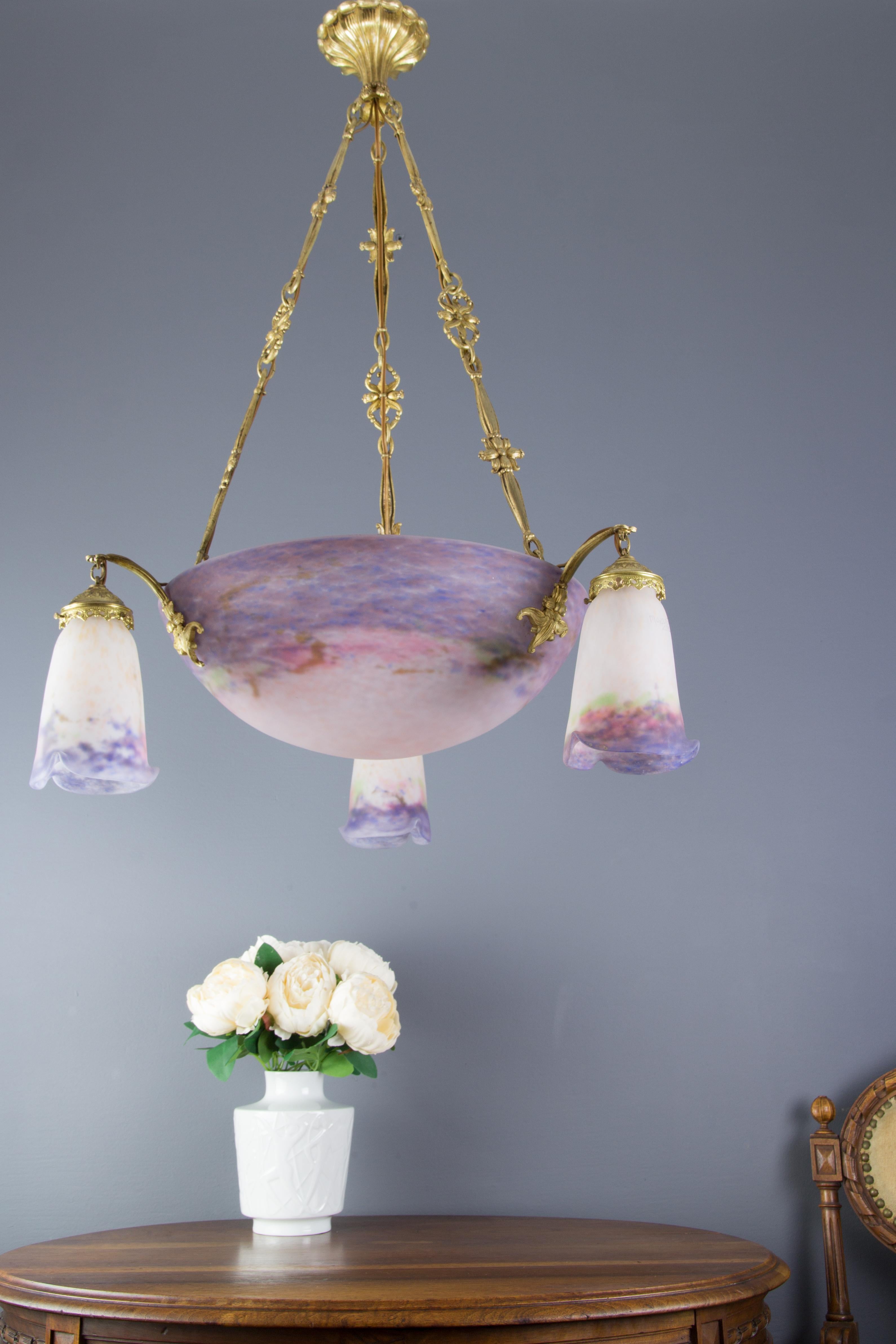 French Art Nouveau Purple and White Glass and Bronze Chandelier by Muller Frères 16