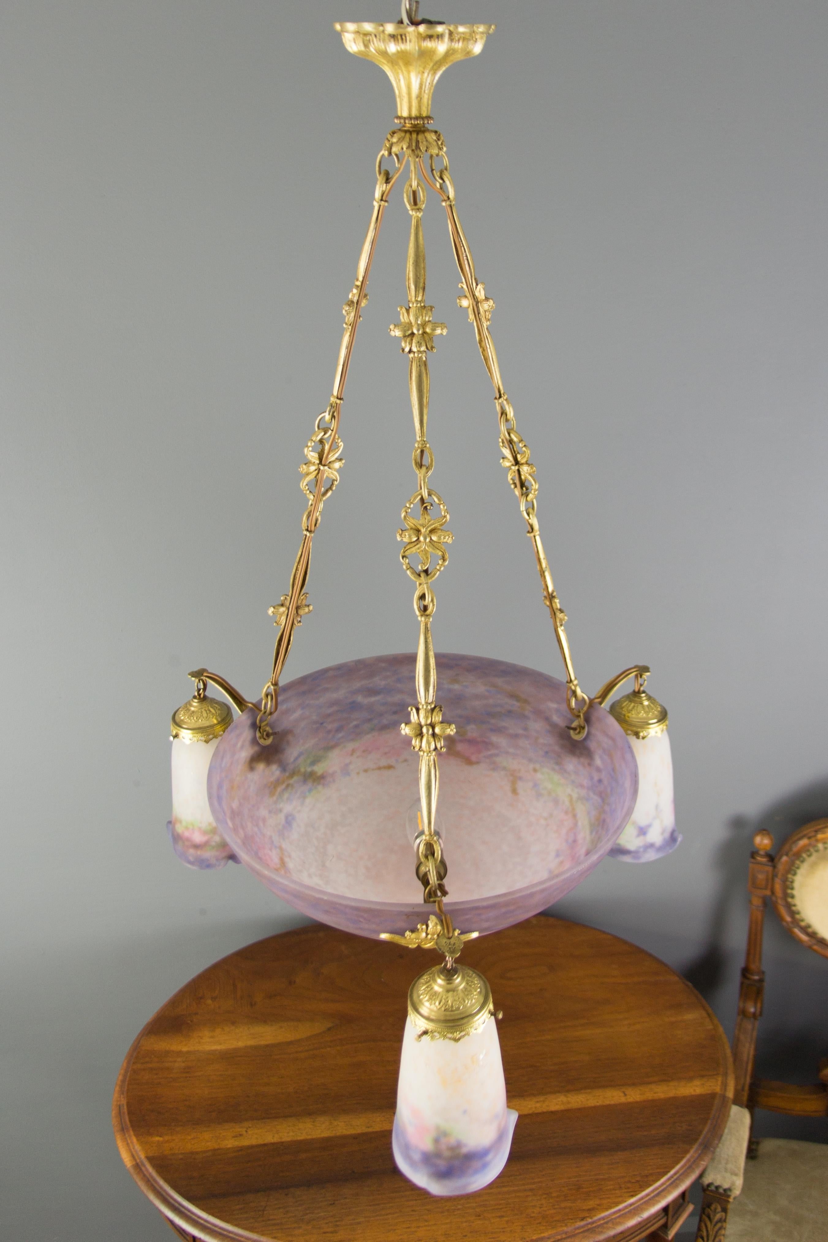 French Art Nouveau Purple and White Glass and Bronze Chandelier by Muller Frères 1