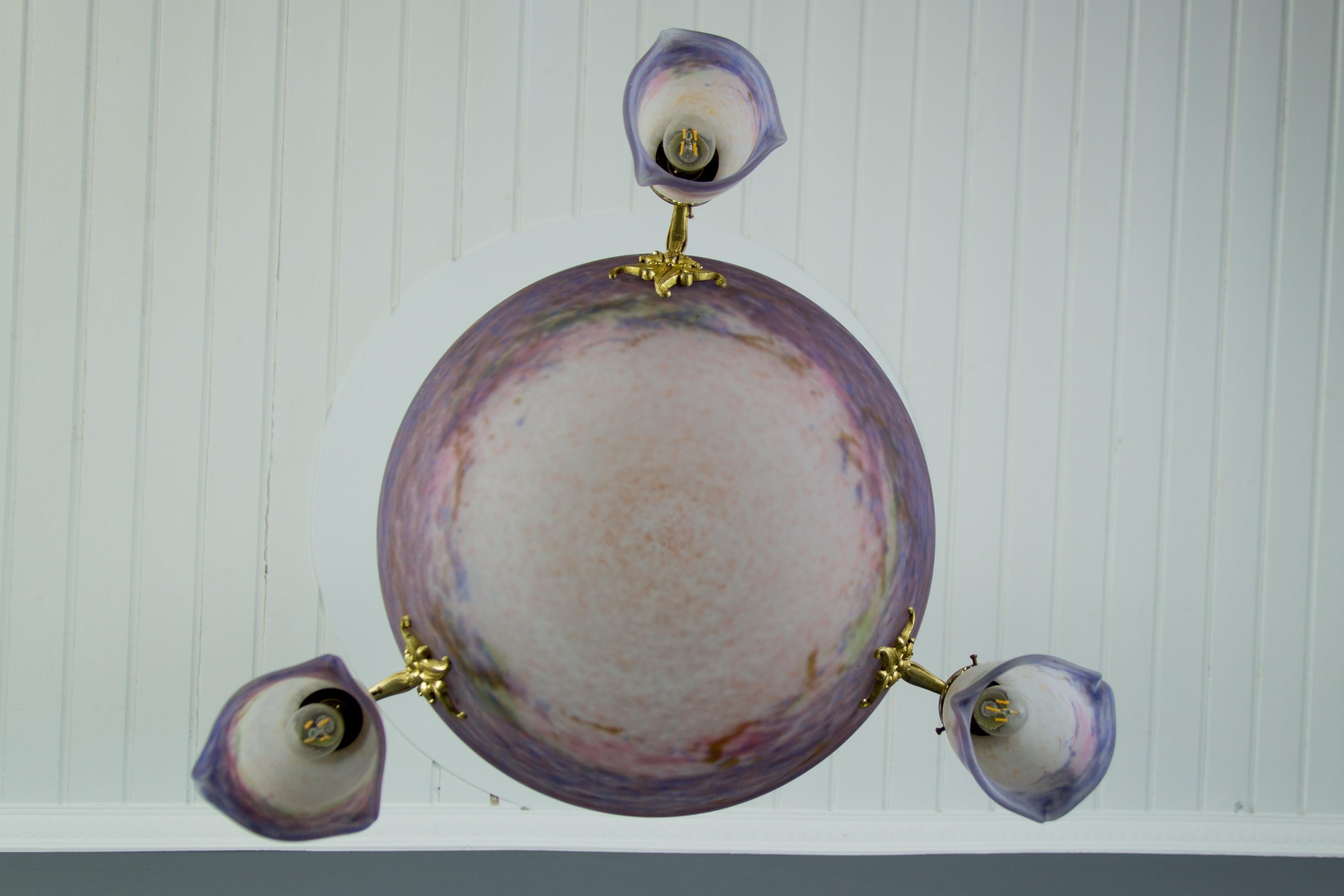 French Art Nouveau Purple and White Glass and Bronze Chandelier by Muller Frères 3