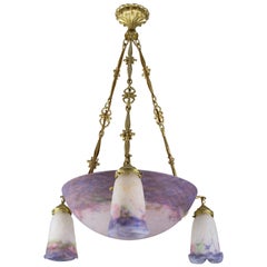 French Art Nouveau Purple and White Glass and Bronze Chandelier by Muller Frères