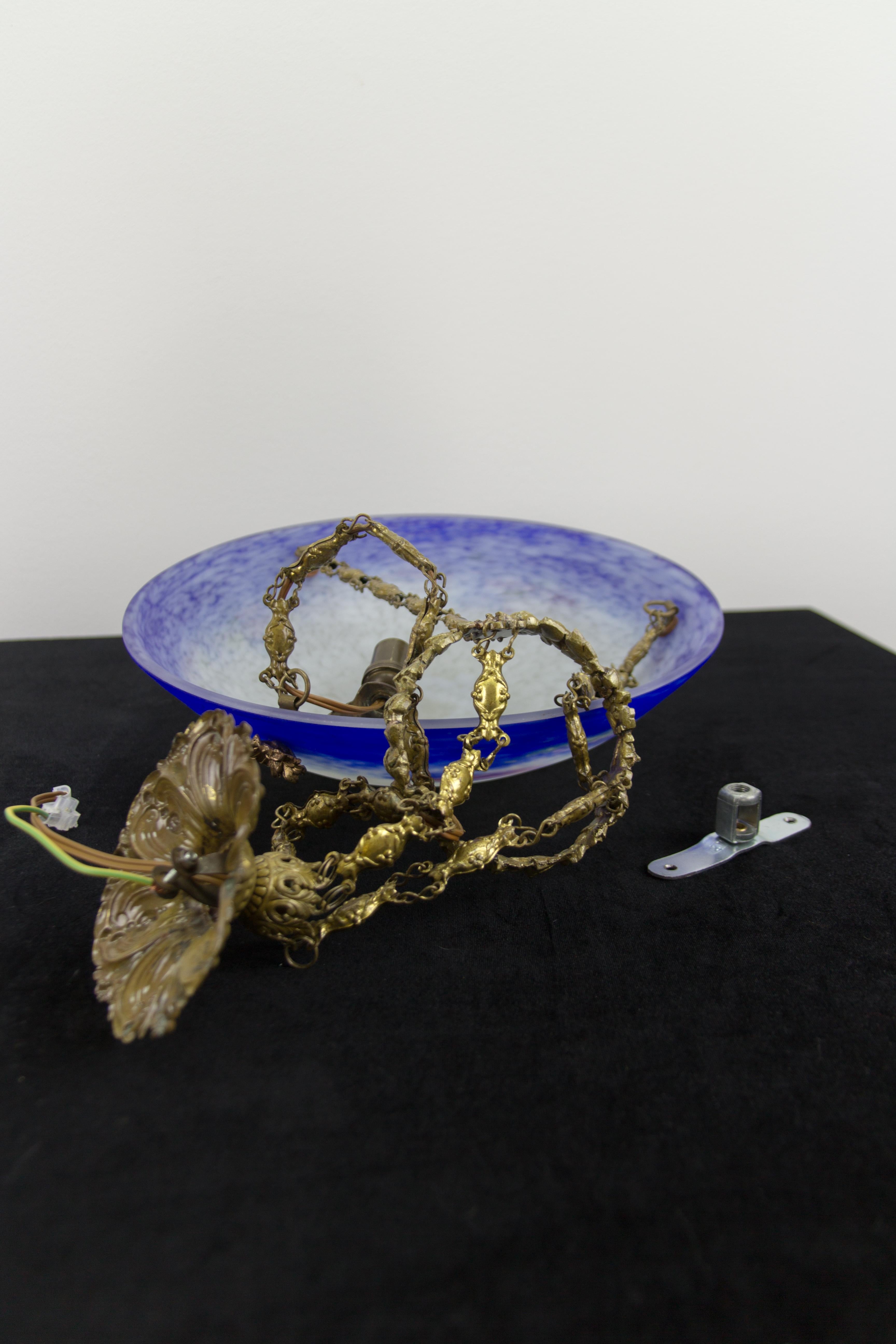 French Art Nouveau Purple Blue and White Pâte de verre Bowl Chandelier by Degué 10