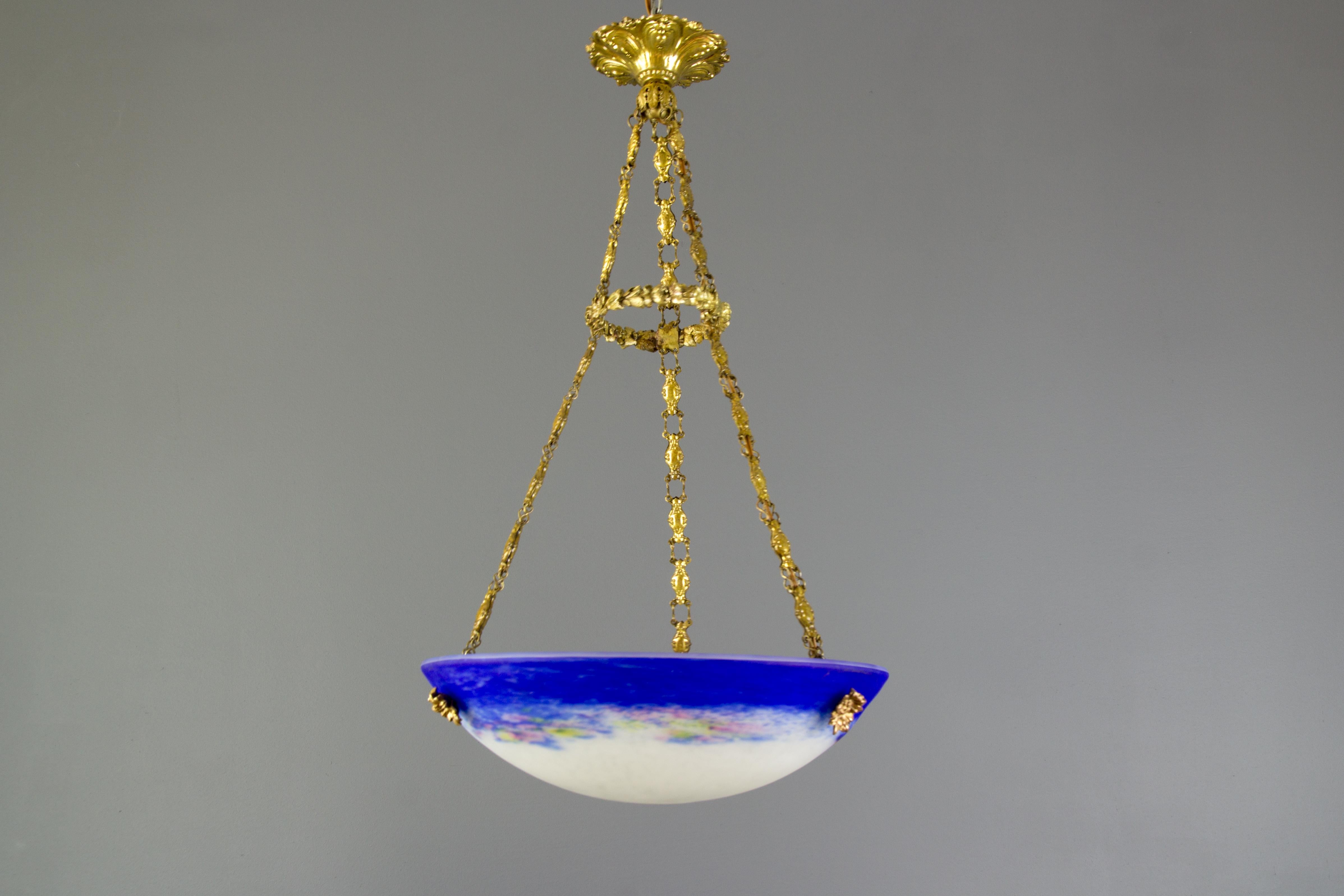 Brass French Art Nouveau Purple Blue and White Pâte de verre Bowl Chandelier by Degué