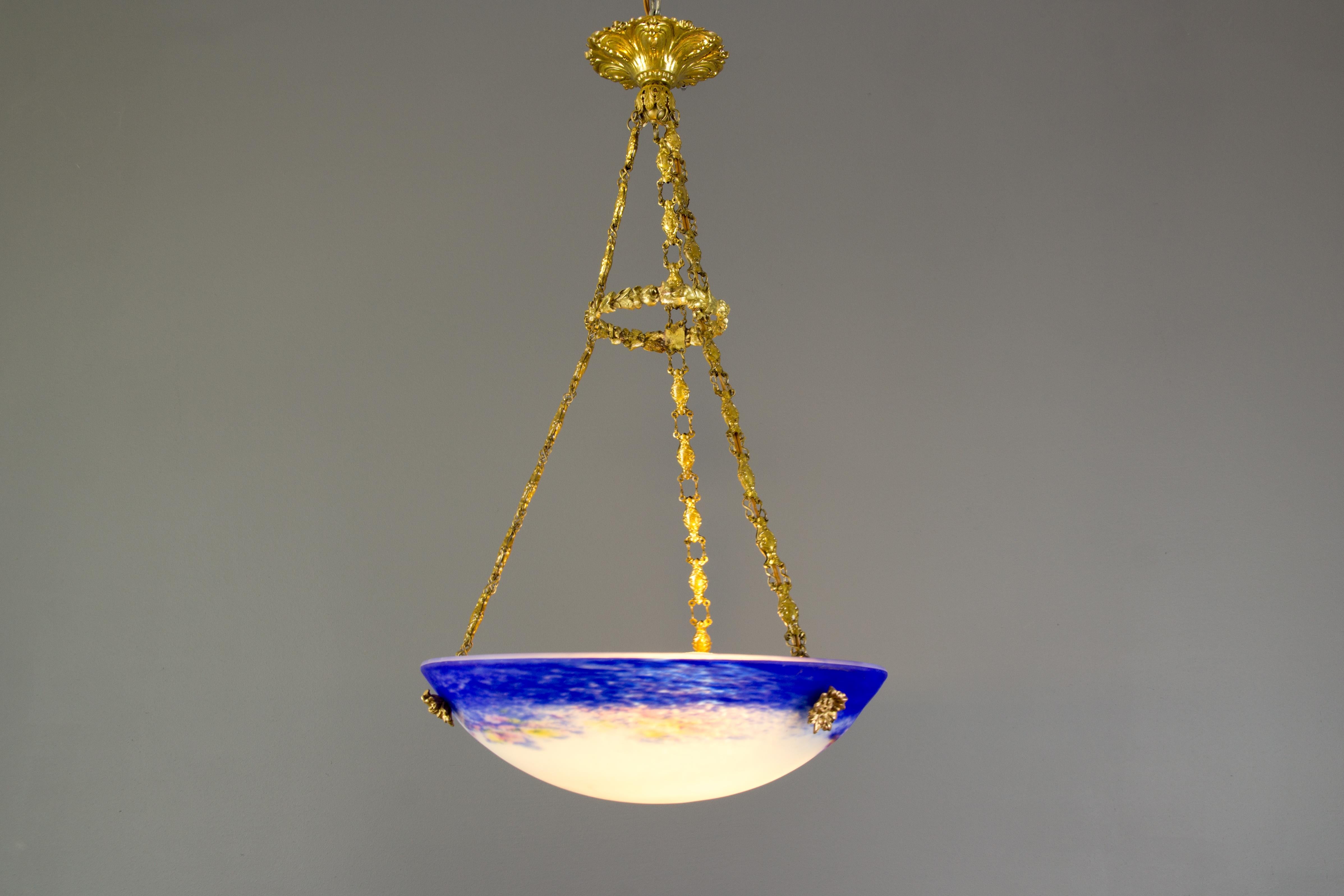 French Art Nouveau Purple Blue and White Pâte de verre Bowl Chandelier by Degué 1