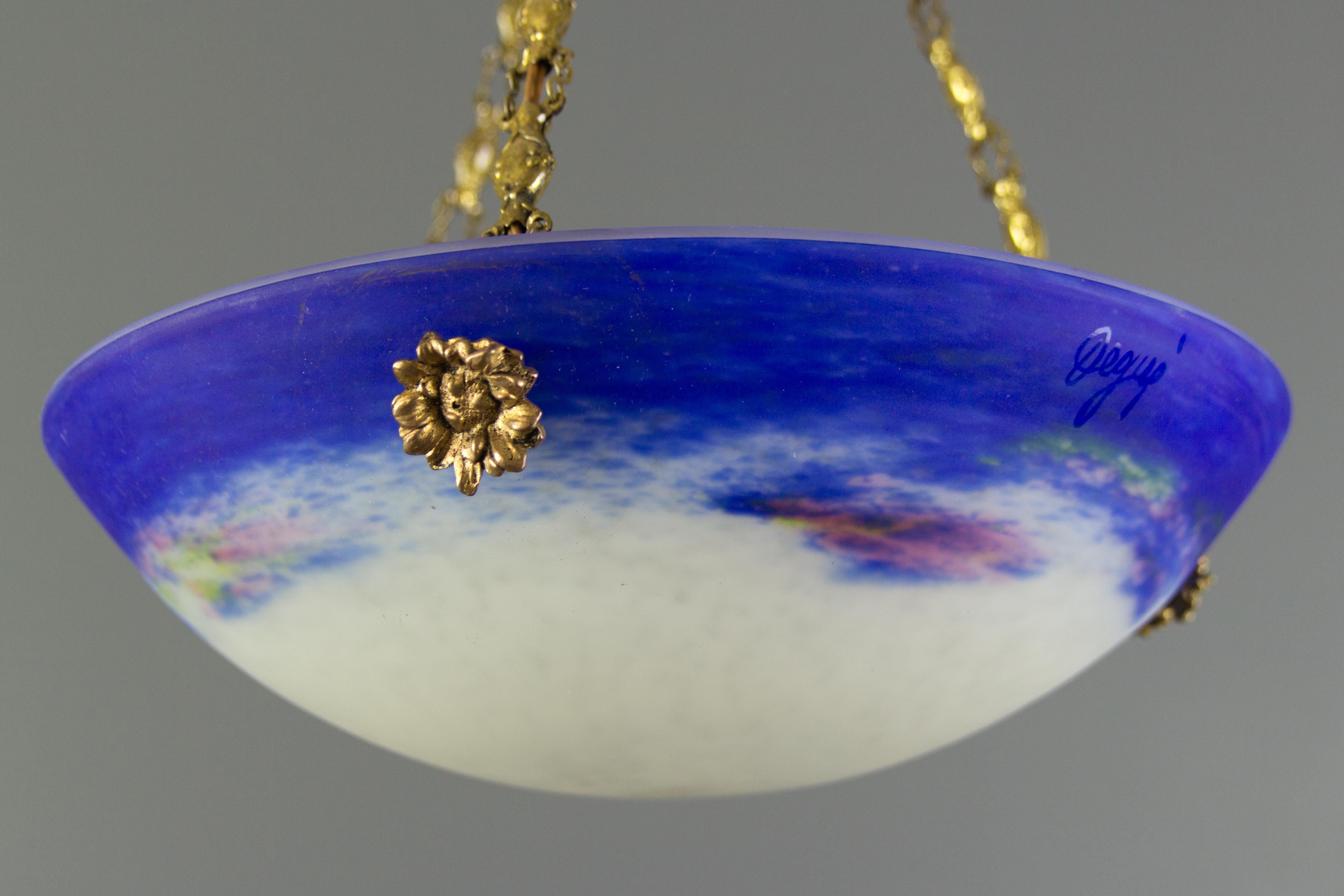 French Art Nouveau Purple Blue and White Pâte de verre Bowl Chandelier by Degué 4