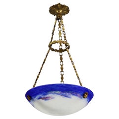 French Art Nouveau Purple Blue and White Glass Bowl Chandelier by Degué