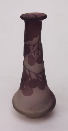 French Art Nouveau Purple-White Emile Galle Cameo Glass Vase With Berries