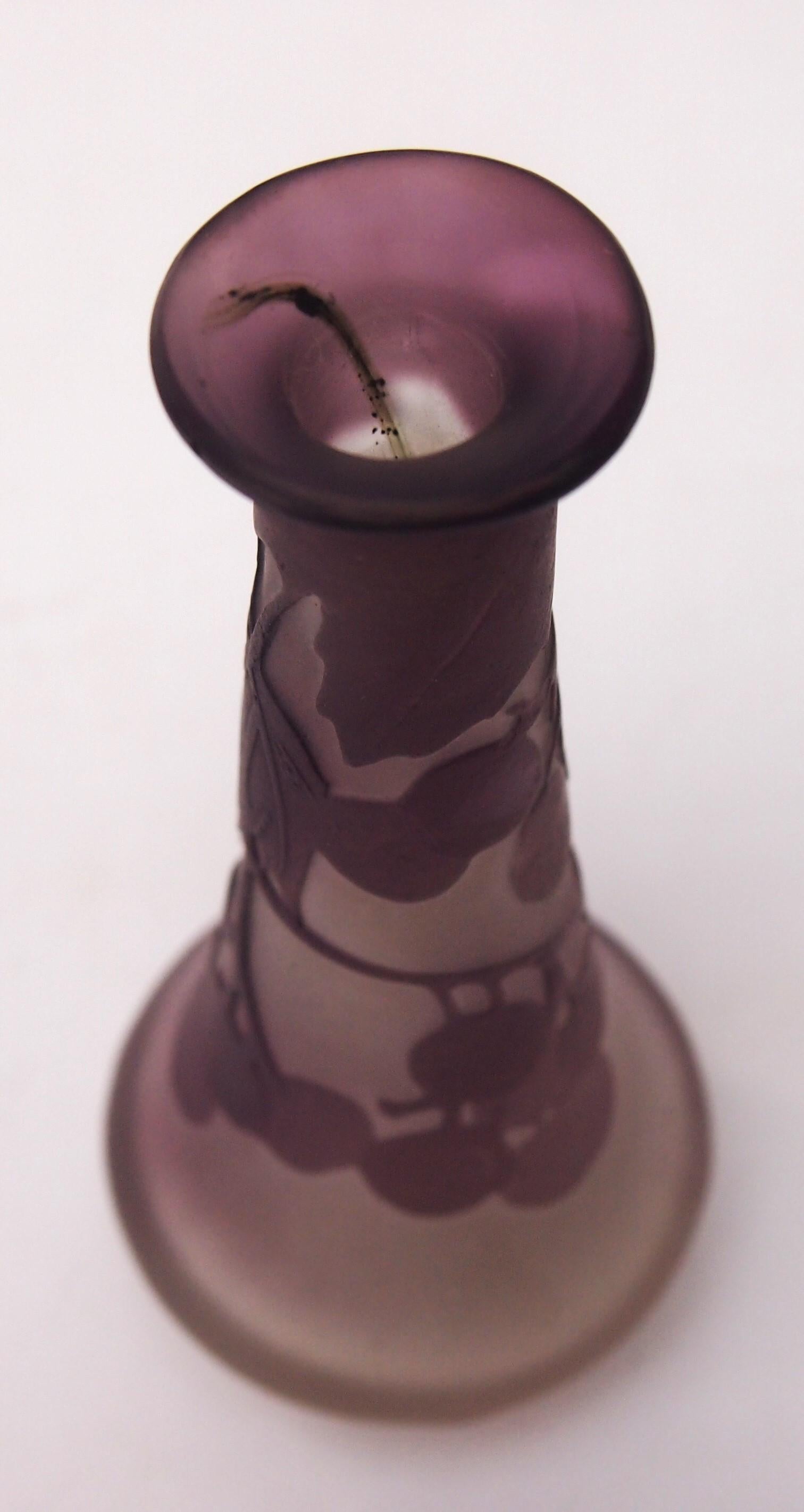 Art Glass French Art Nouveau Purple-White Emile Galle Cameo Glass Vase With Berries For Sale