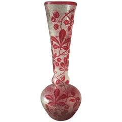 French Art Nouveau Red & Clear Baccarat Horse Chestnut Crystal Glass Cameo Vase