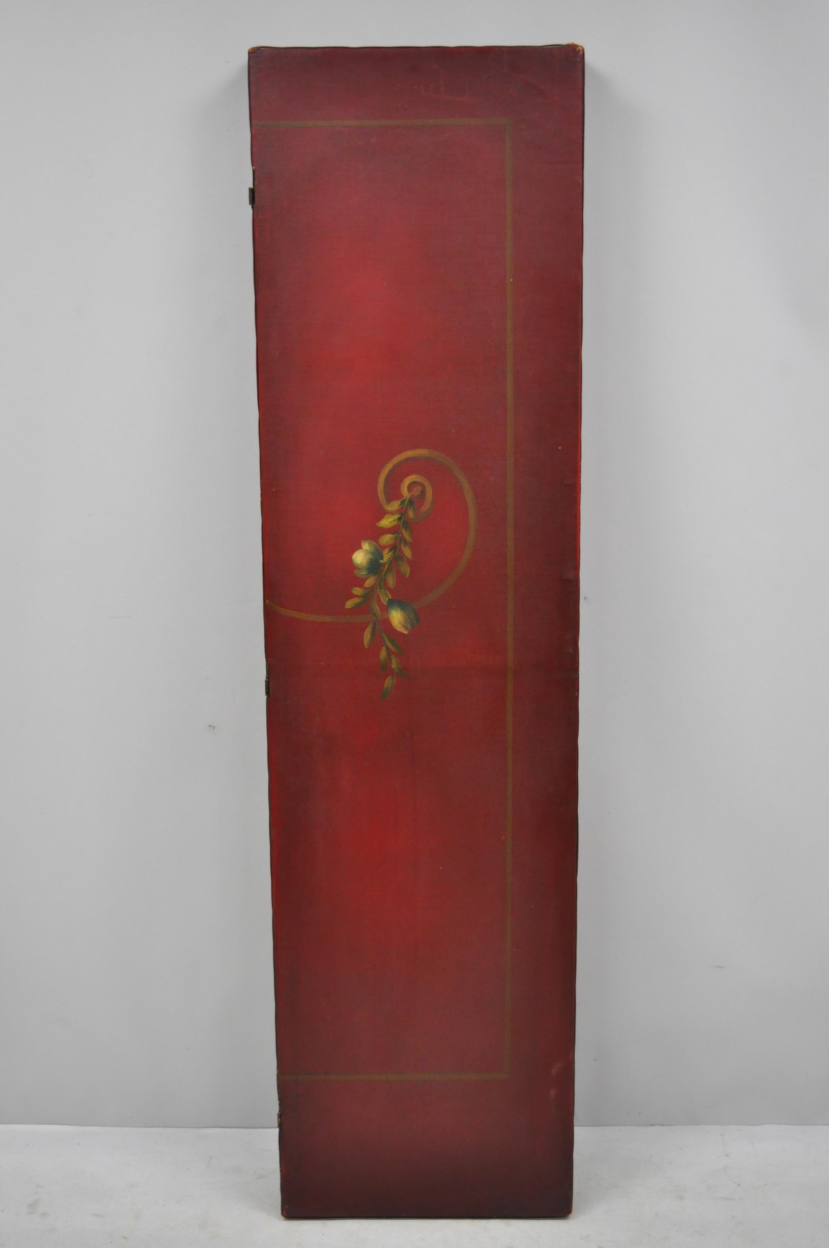 French Art Nouveau Red Oil on Canvas Hand Painted 3-Panel Dressing Screen 5