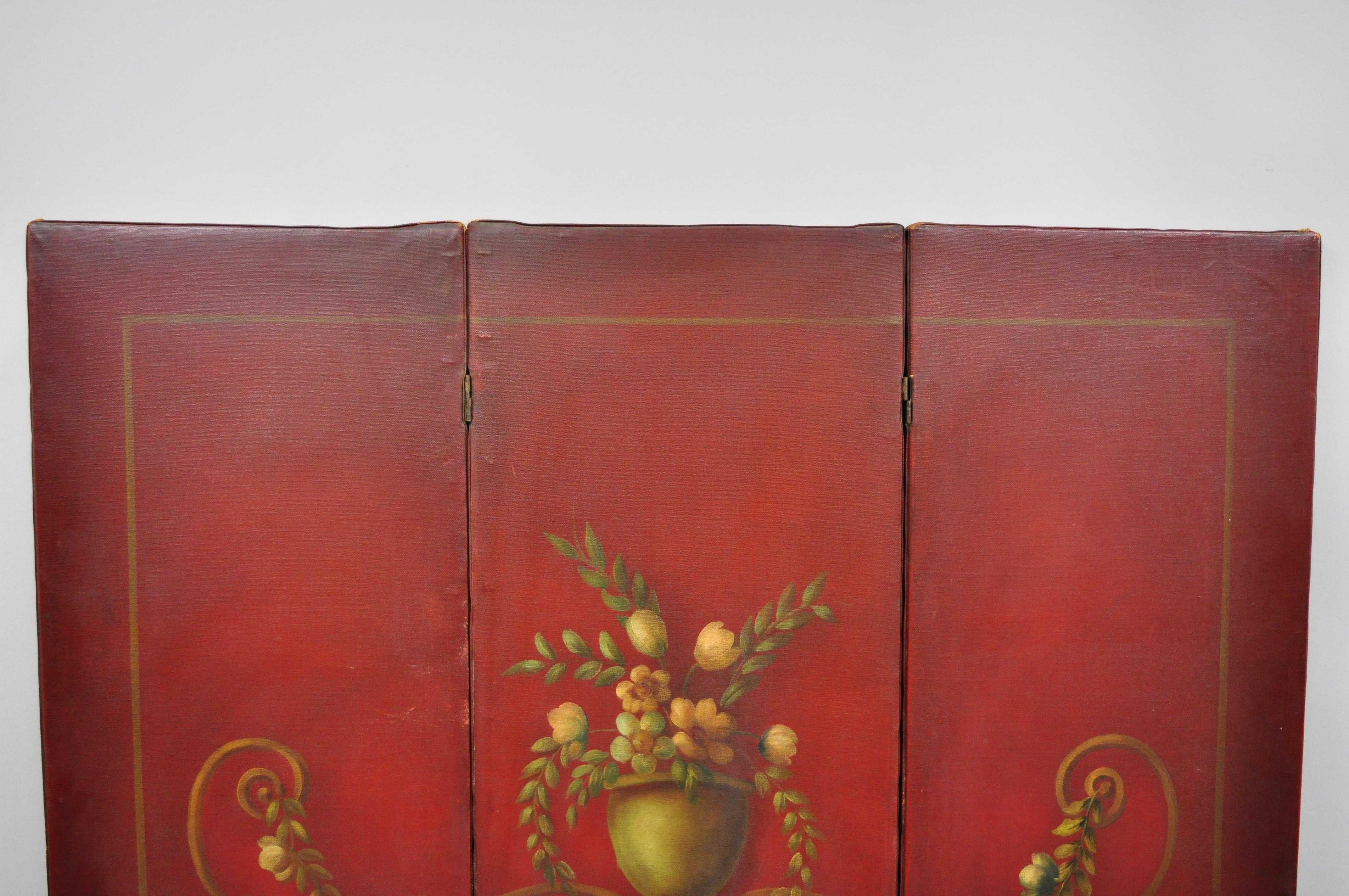 French Art Nouveau Red Oil on Canvas Hand Painted 3-Panel Dressing Screen In Good Condition In Philadelphia, PA