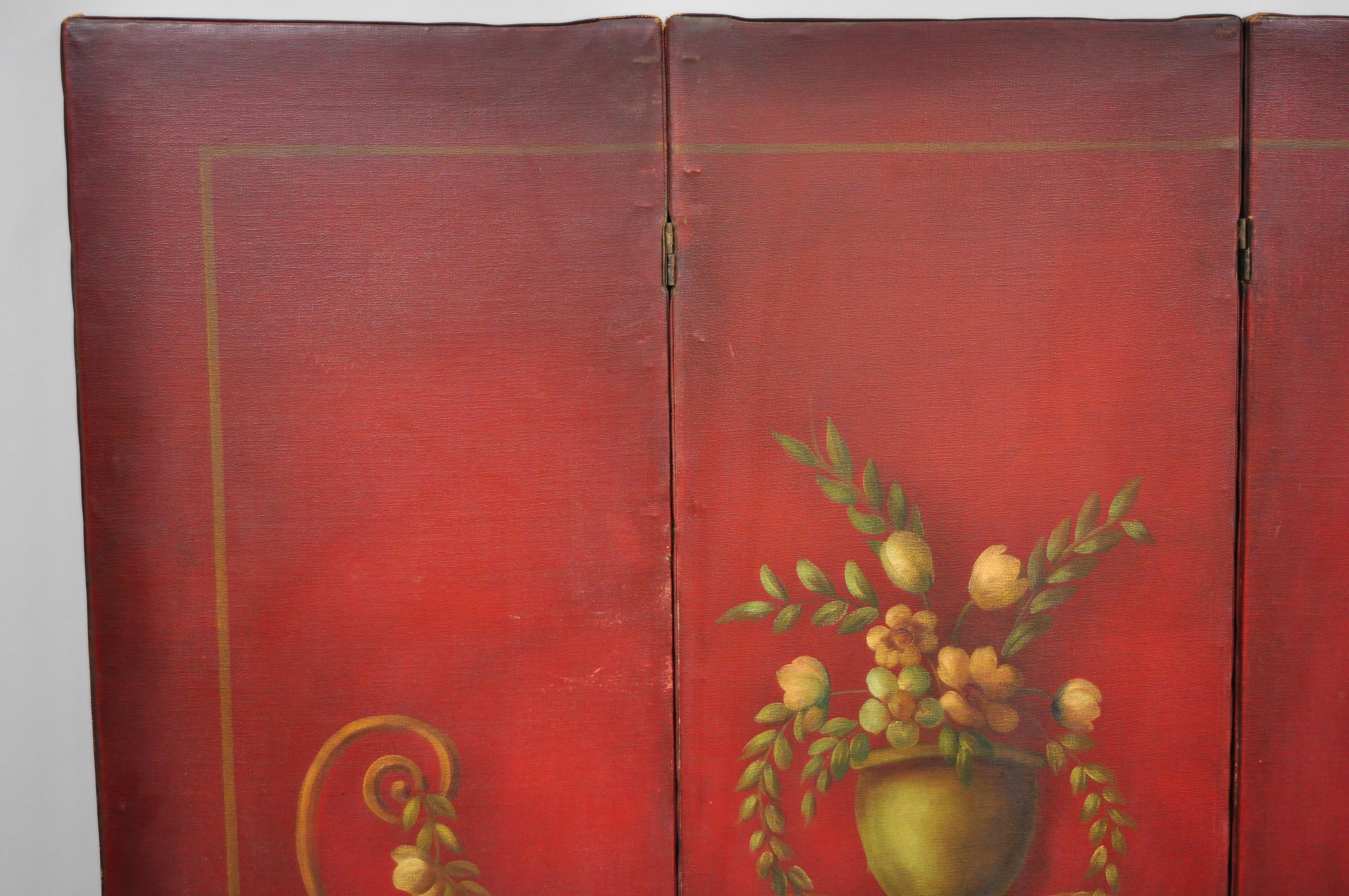 20th Century French Art Nouveau Red Oil on Canvas Hand Painted 3-Panel Dressing Screen