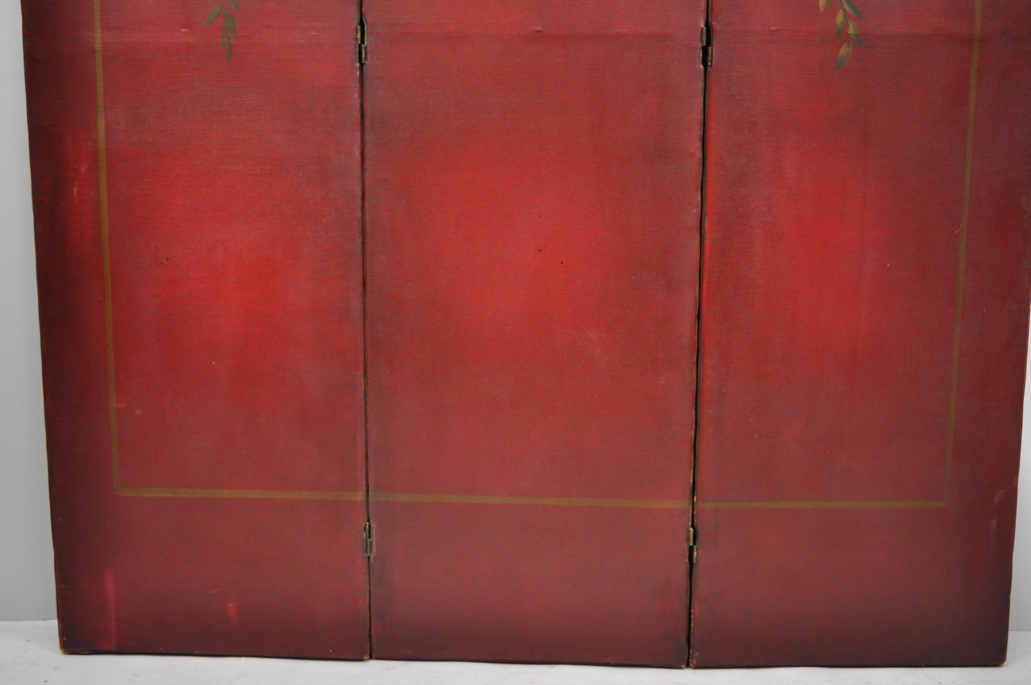 French Art Nouveau Red Oil on Canvas Hand Painted 3-Panel Dressing Screen 1