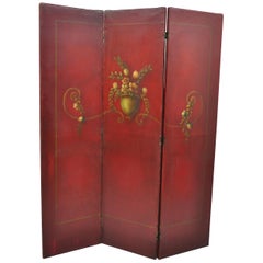 French Art Nouveau Red Oil on Canvas Hand Painted 3-Panel Dressing Screen