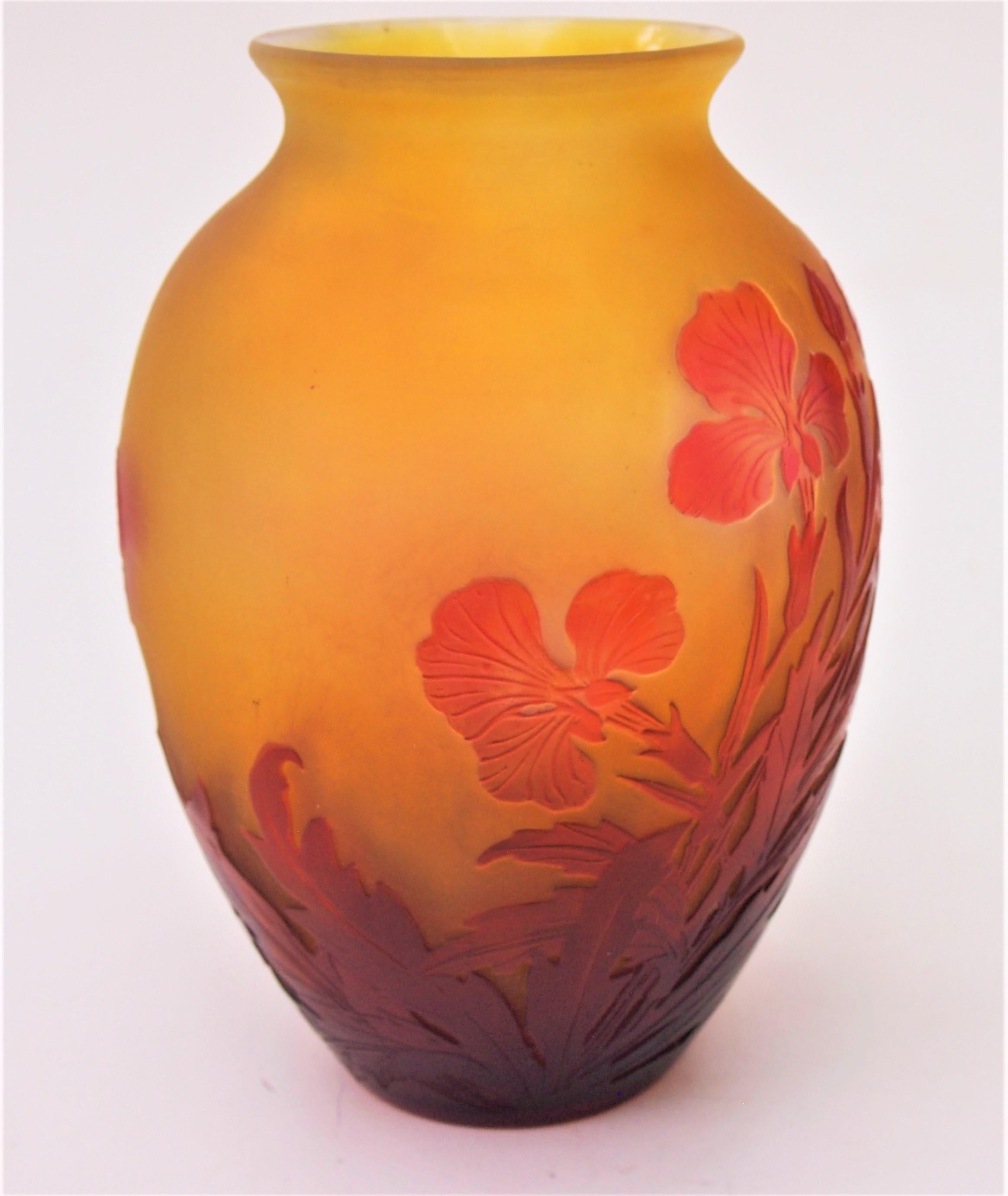 French Art Nouveau Red on Yellow Signed Emile Gallé Iris Cameo Glass Vase c1920 In Good Condition For Sale In Worcester Park, GB