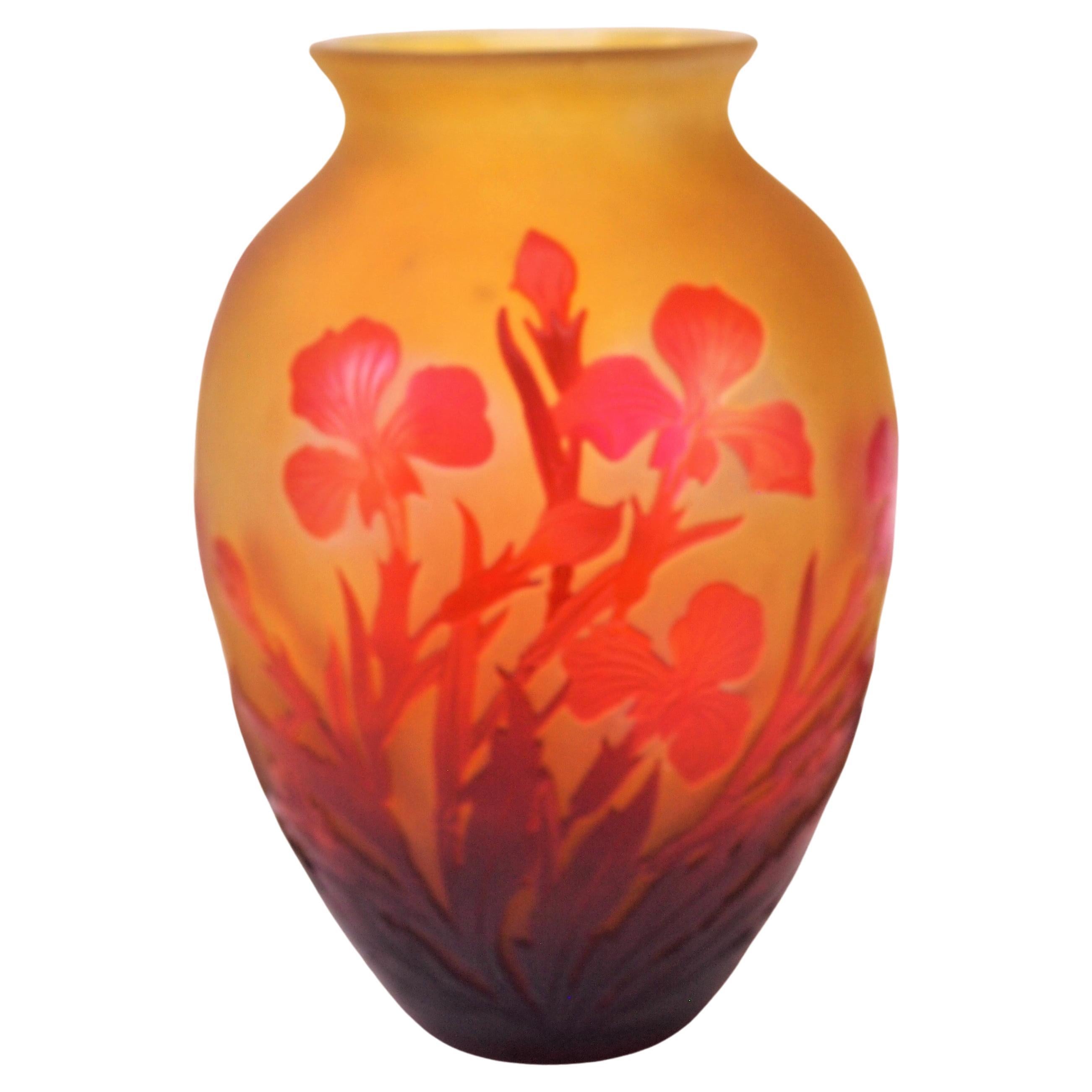 French Art Nouveau Red on Yellow Signed Emile Gallé Iris Cameo Glass Vase c1920 For Sale