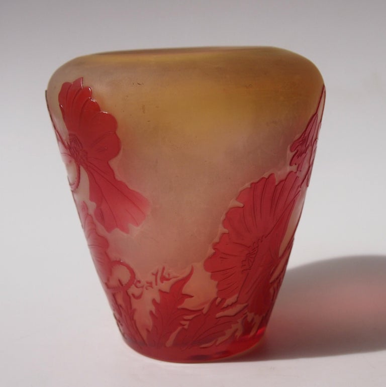 French Art Nouveau Red and Opal Orange Signed Emile Galle Cameo Glass Vase In Good Condition For Sale In London, GB