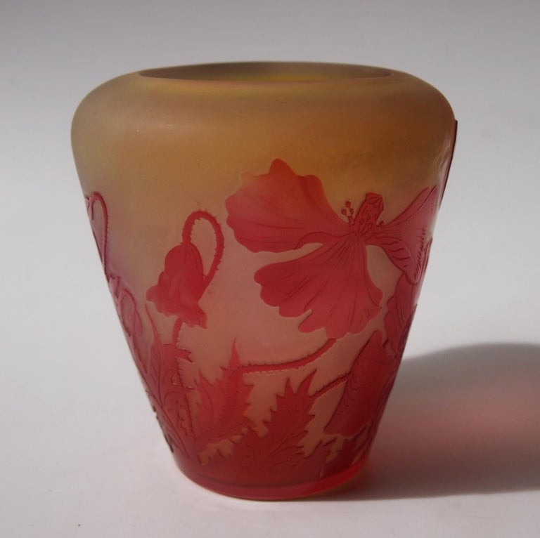 Art Glass French Art Nouveau Red and Opal Orange Signed Emile Galle Cameo Glass Vase For Sale