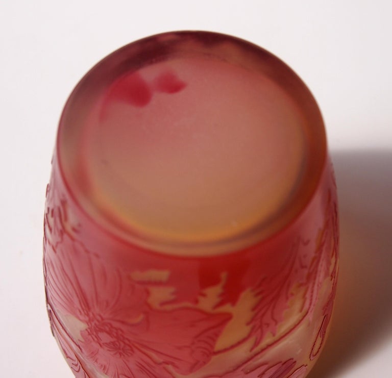 French Art Nouveau Red and Opal Orange Signed Emile Galle Cameo Glass Vase For Sale 3