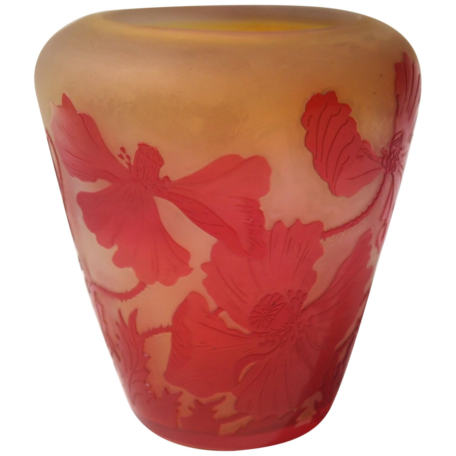 French Art Nouveau Red and Opal Orange Signed Emile Galle Cameo Glass Vase For Sale