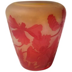 French Art Nouveau Red and Opal Orange Signed Emile Galle Cameo Glass Vase