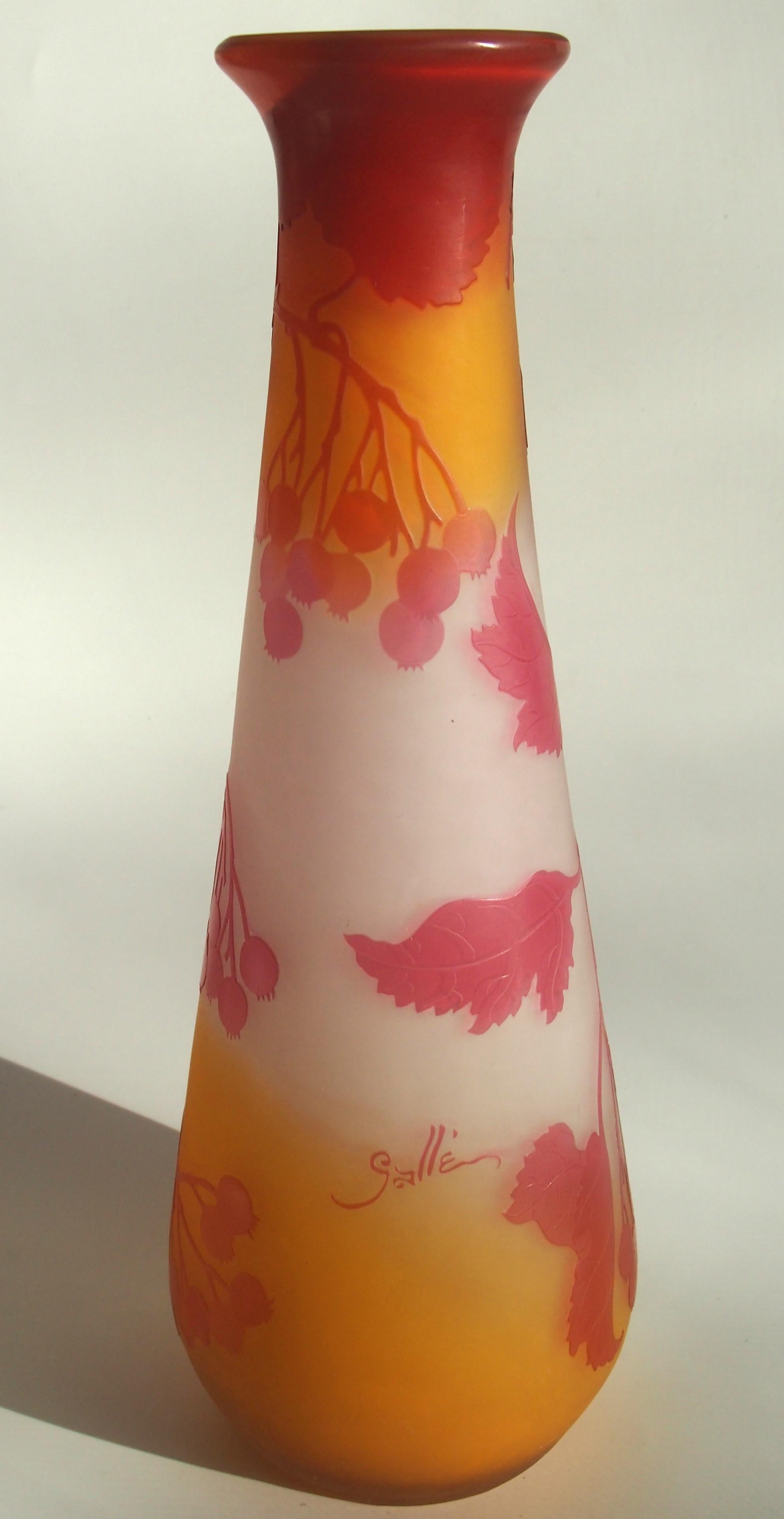 Stunning and dramatic large and early Emile Galle cameo vase in red and orange depicting branches with leaves and berries signed in cameo (see picture 3) Emile Galle was probably the greatest glass maker of all time and one of the founding father's