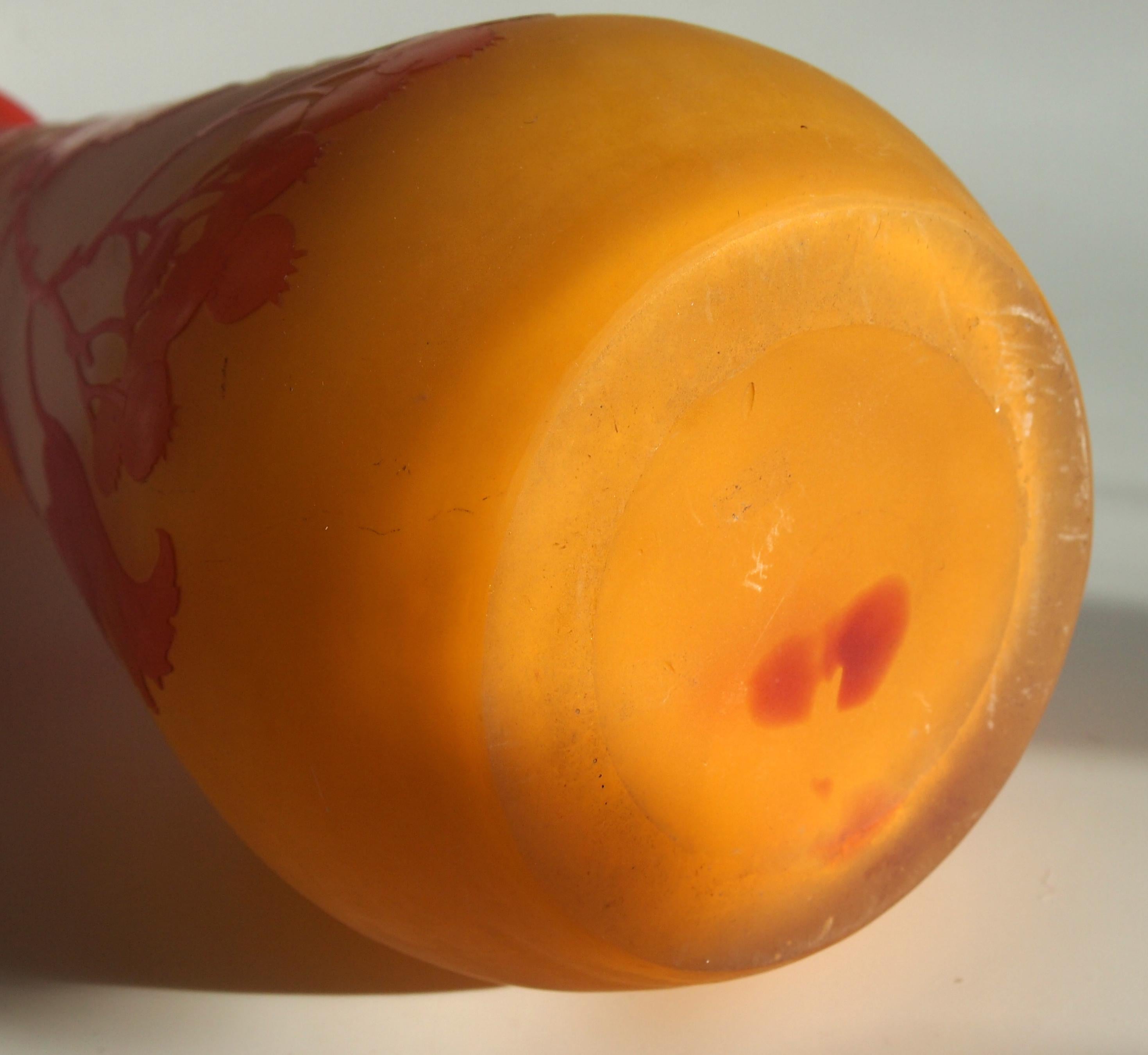 French Art Nouveau Red/Orange Emile Galle Cameo Glass Vase with Foliage/Berries In Good Condition In Worcester Park, GB