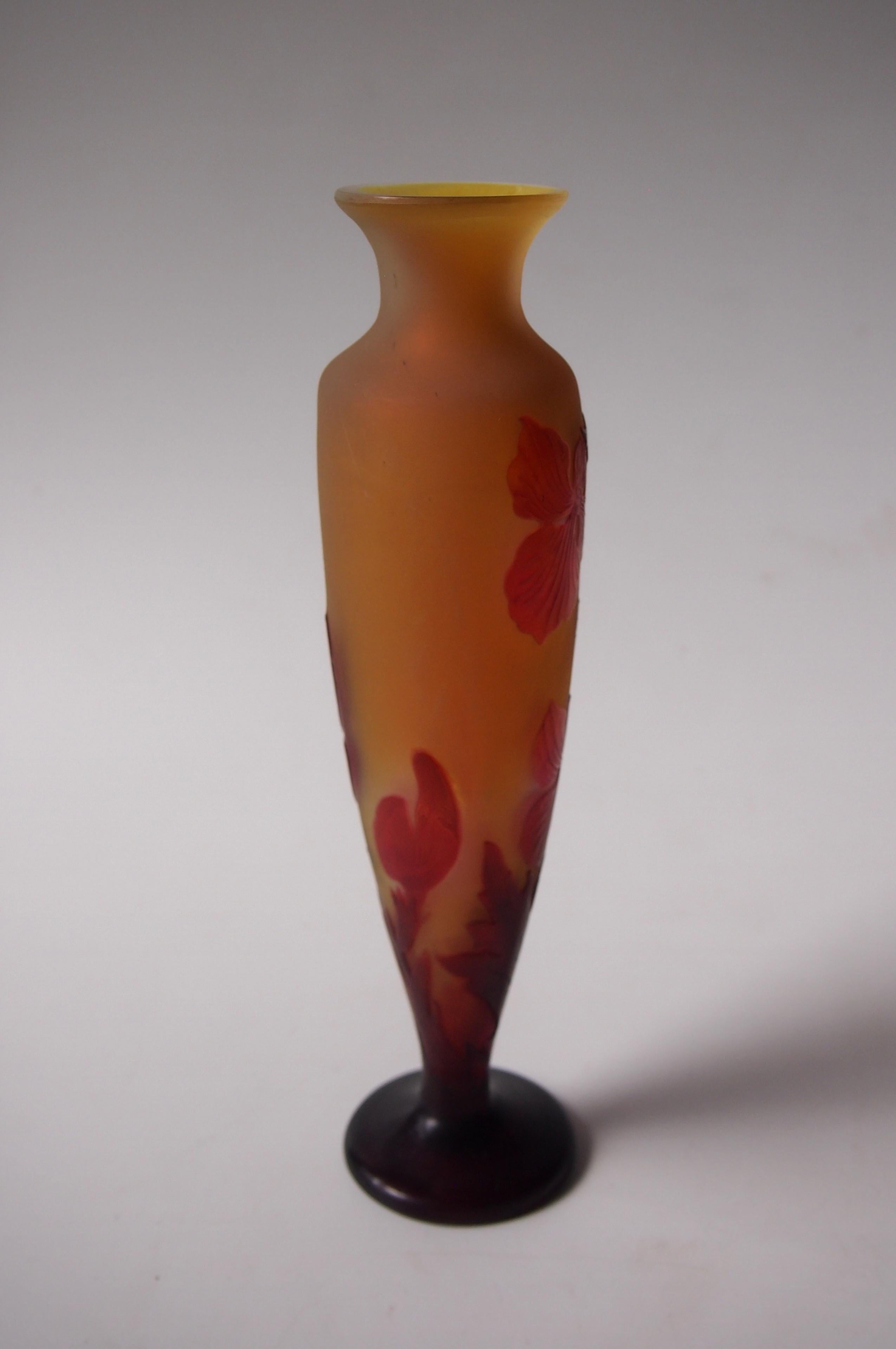 Early 20th Century French Art Nouveau Red & Yellow Signed Emile Galle Cameo Glass Vase, circa 1900