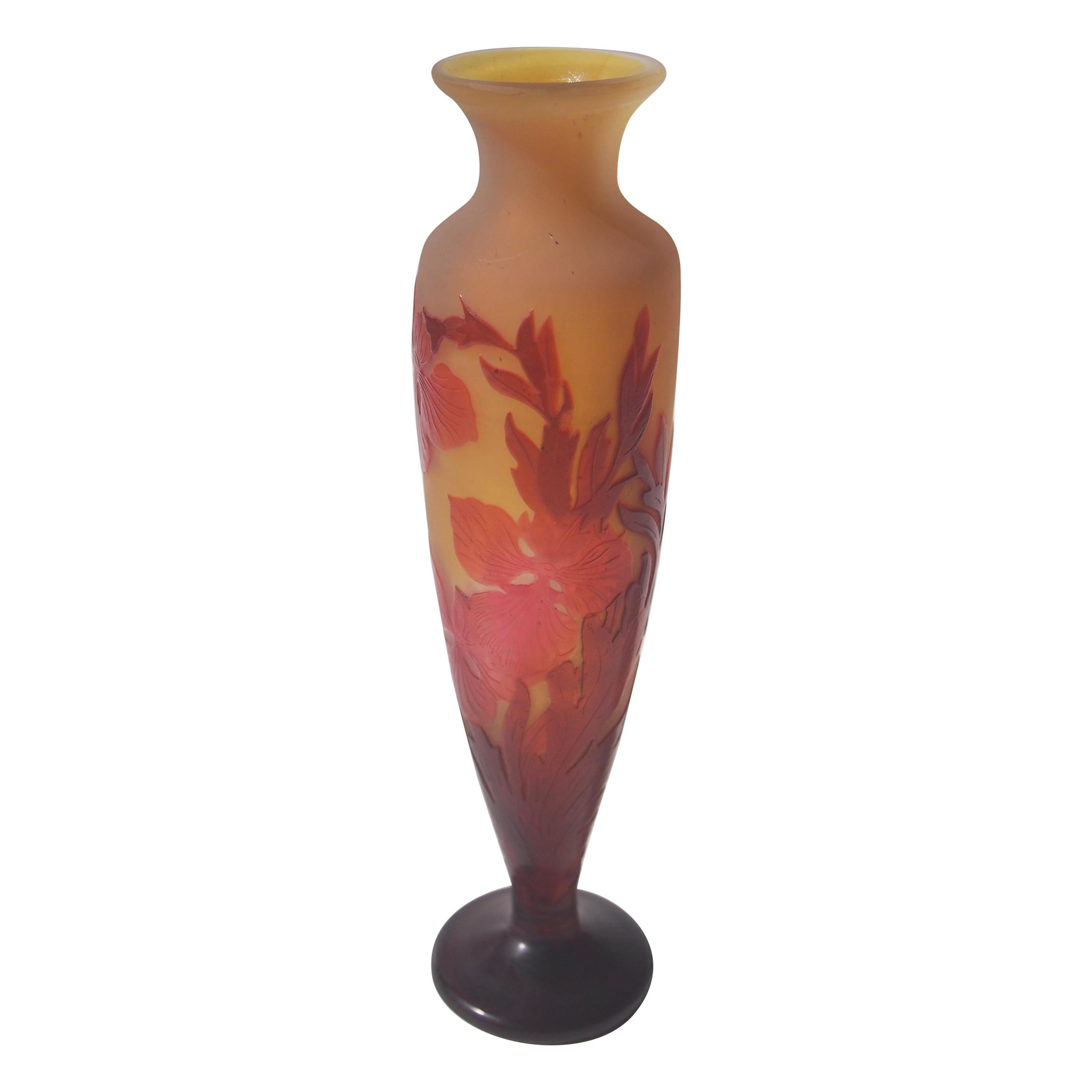 French Art Nouveau Red & Yellow Signed Emile Galle Cameo Glass Vase, circa 1900