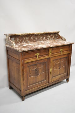 French Art Nouveau Renaissance Oak Wood Marble Top Washstand Buffet Sideboard