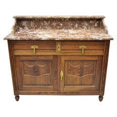 Antique French Art Nouveau Renaissance Oak Wood Marble Top Washstand Buffet Sideboard