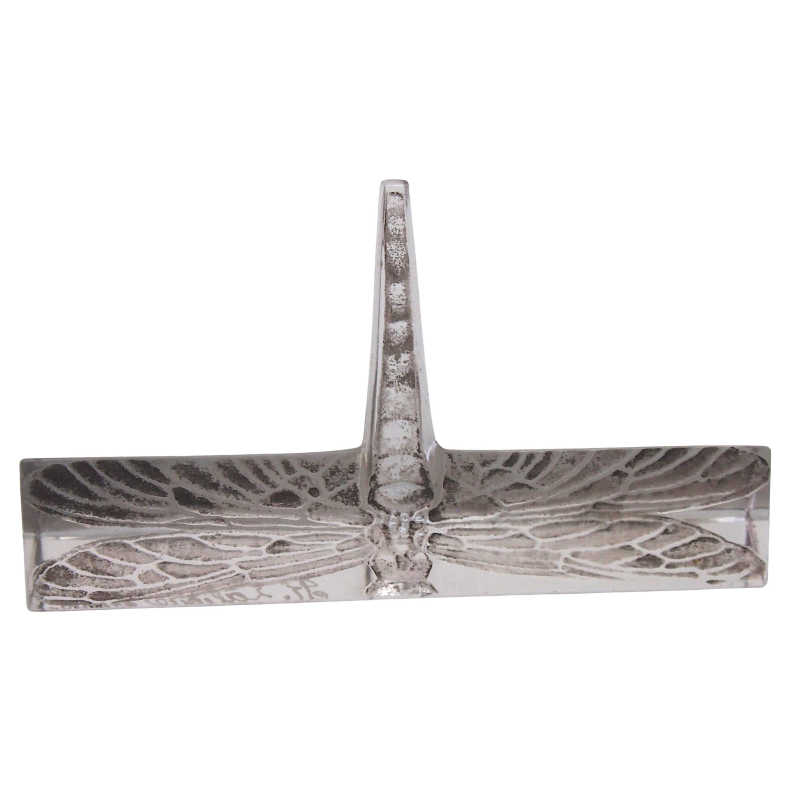 French Art Nouveau Rene Lalique Grey Stained Dragonfly Knife Rest c1919