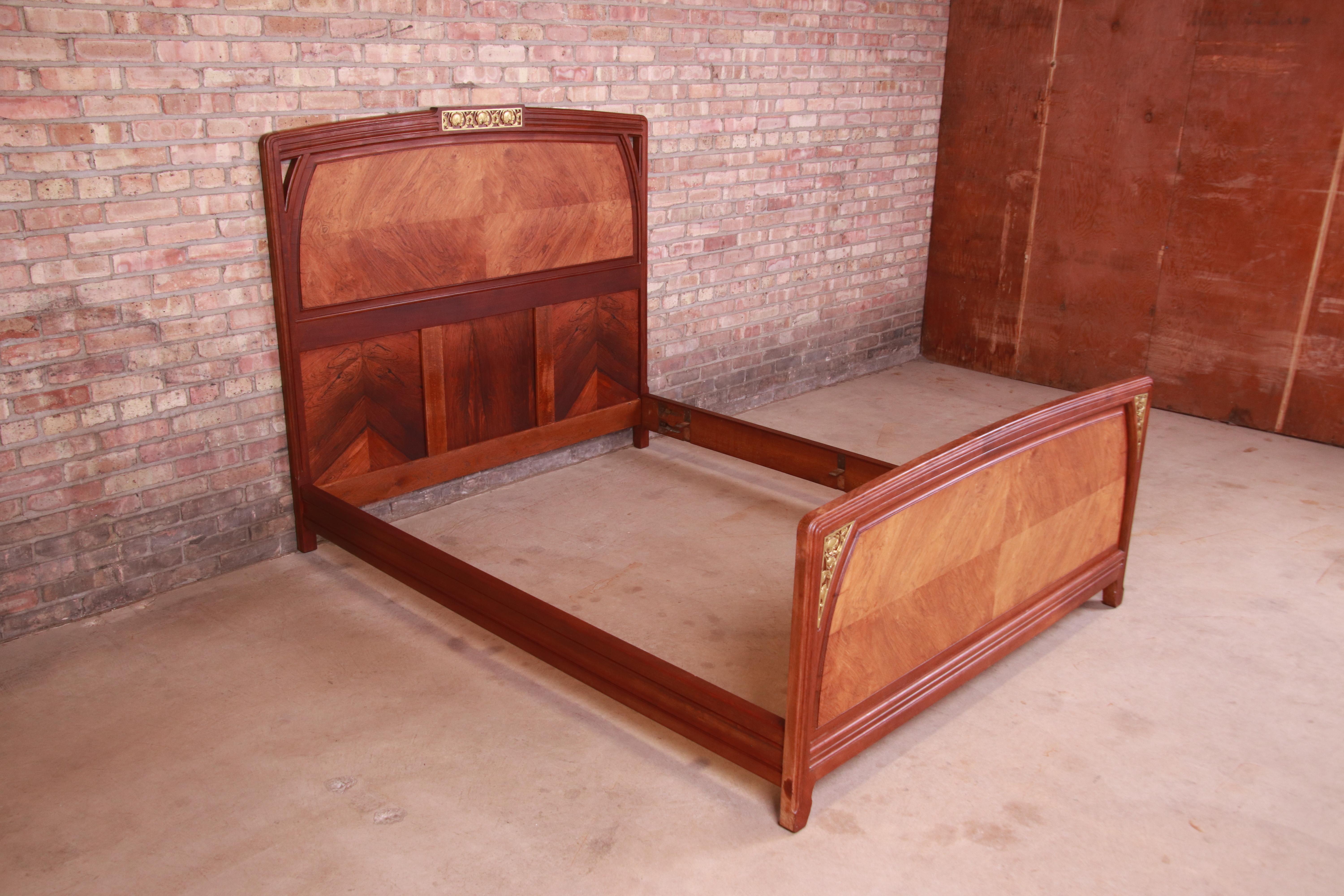 French Art Nouveau Rosewood and Mounted Bronze Queen Size Bed, Circa 1900 1