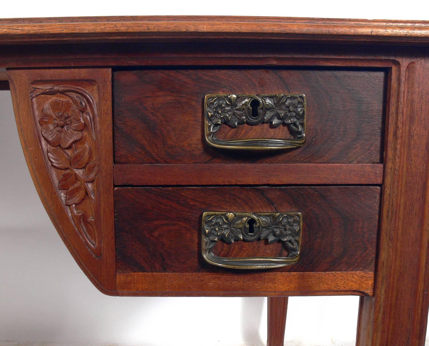 Brass French Art Nouveau Rosewood Desk or Bureau Plat