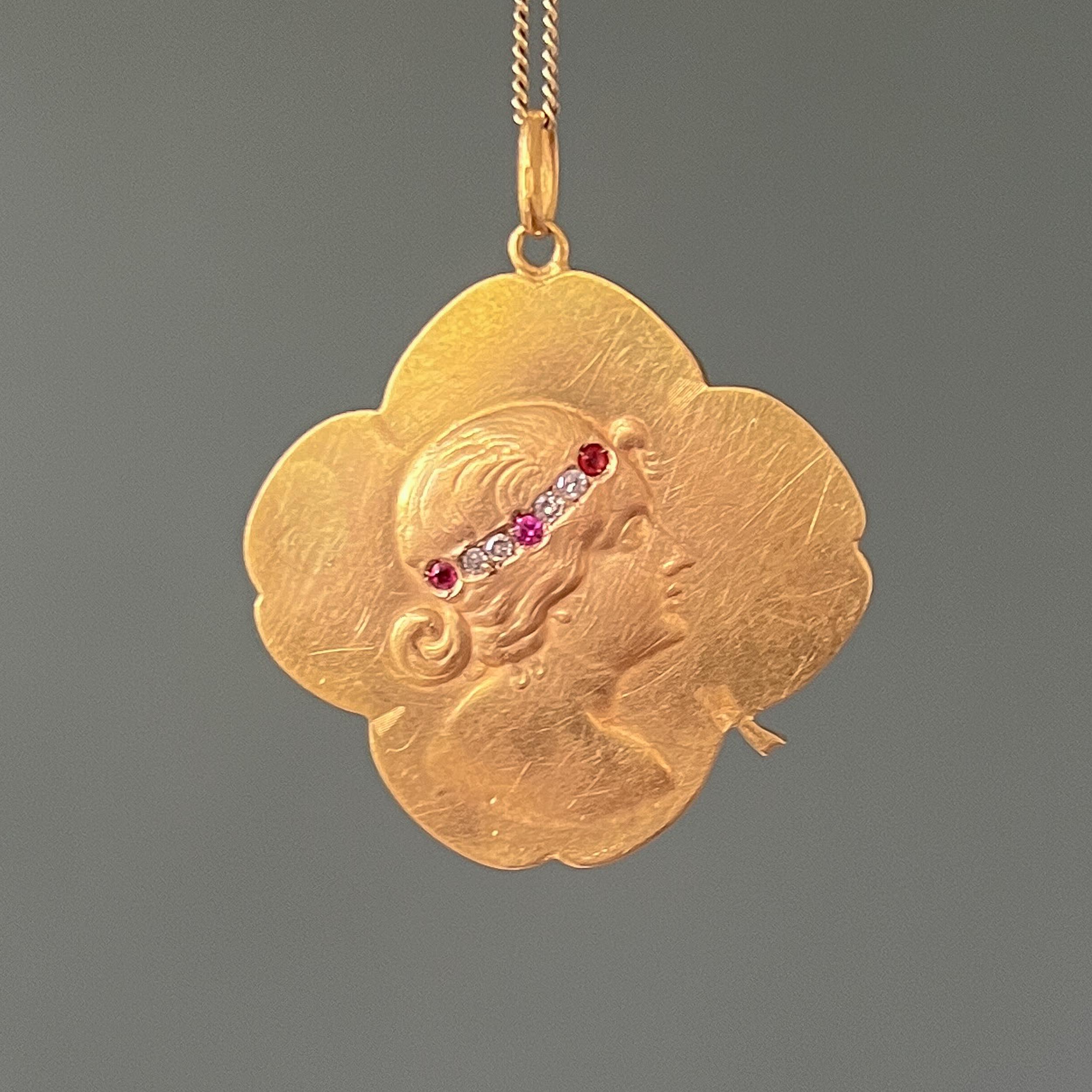 Mixed Cut Antique French Art Nouveau Ruby and Diamond 20K Gold Pendant For Sale