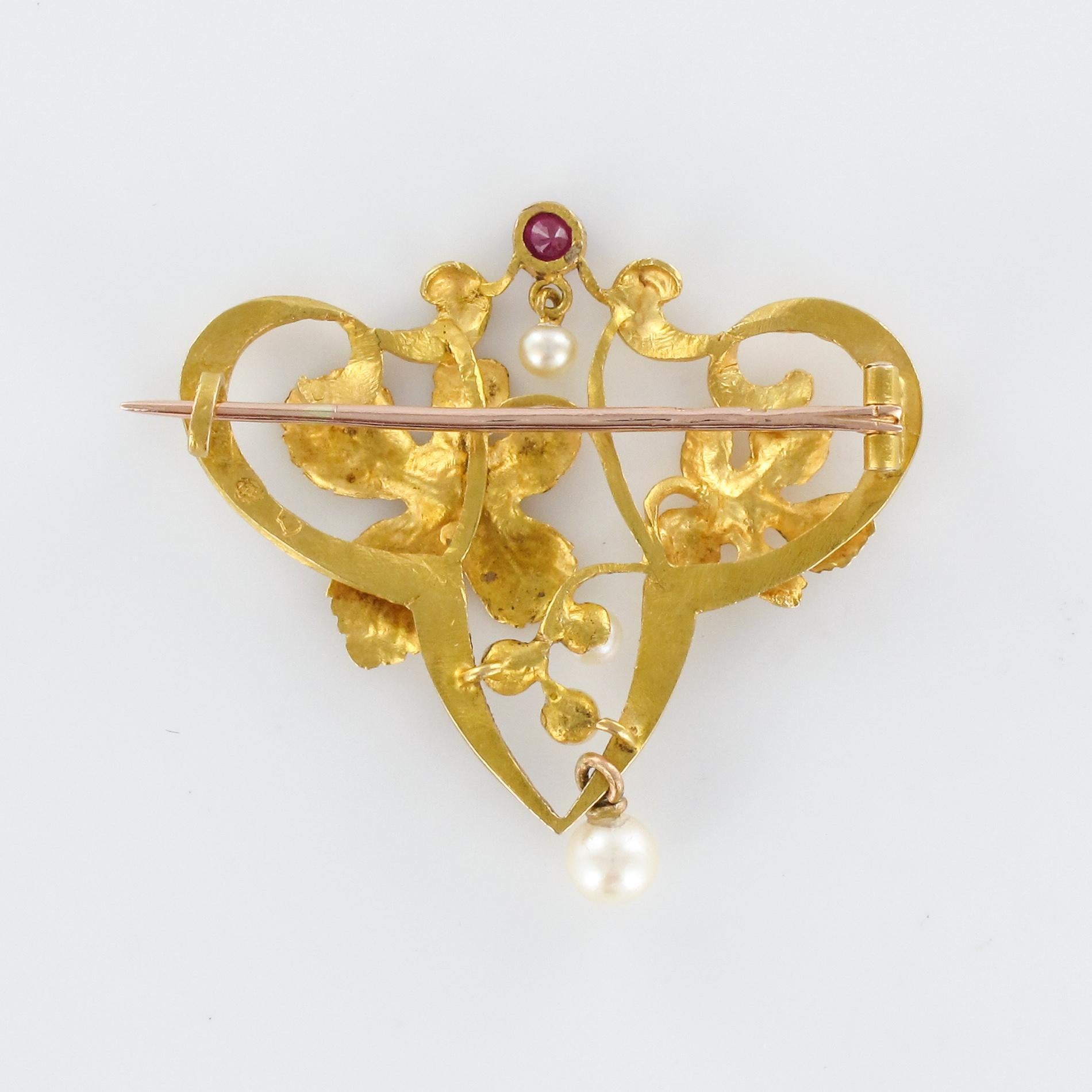 French Art Nouveau Ruby Natural Pearl 18 Karat Yellow Gold Brooch For Sale 9