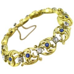 French Art Nouveau Sapphires and Diamonds Yellow Gold Platinum Link Bracelet