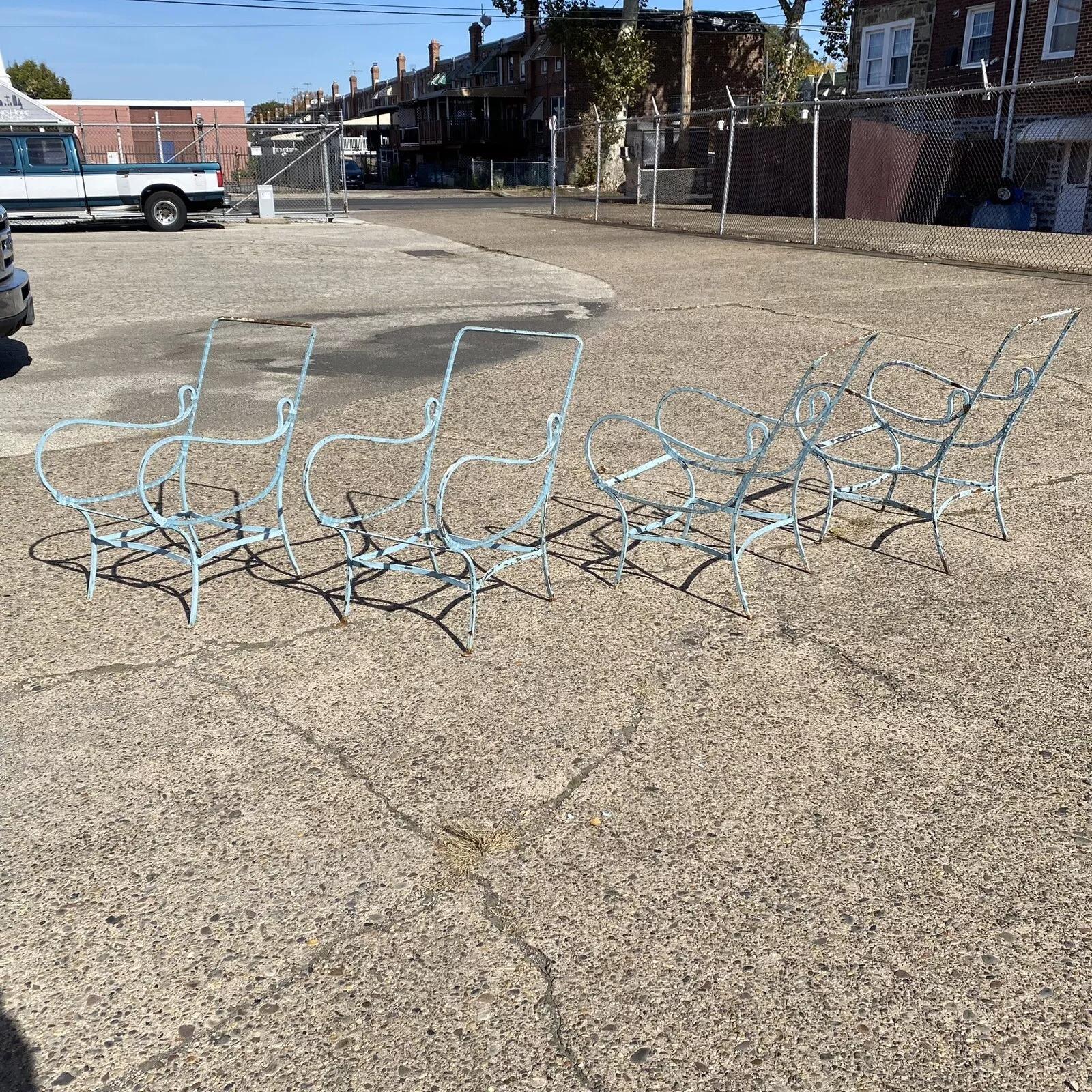 Antique French Art Nouveau Sculptural Wrought Iron Blue Painted Garden Patio Lounge Chairs - a Pair. Item features a sleek sculptural wrought iron form with stunning lines. *Price is per pair (2 chairs). We currently have (2) pairs available. Circa