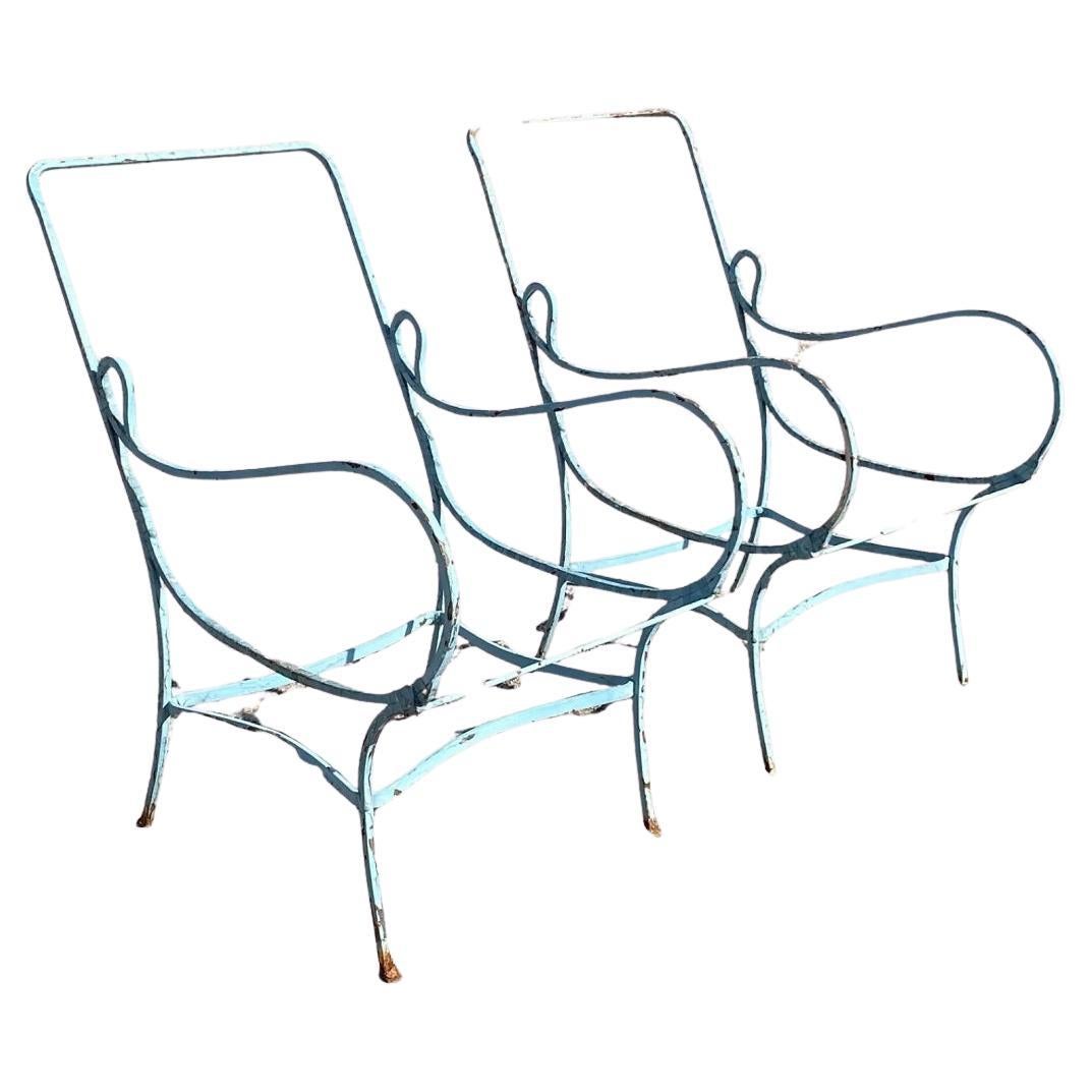 French Art Nouveau Sculptural Wrought Iron Garden Patio Lounge Chairs - a Pair