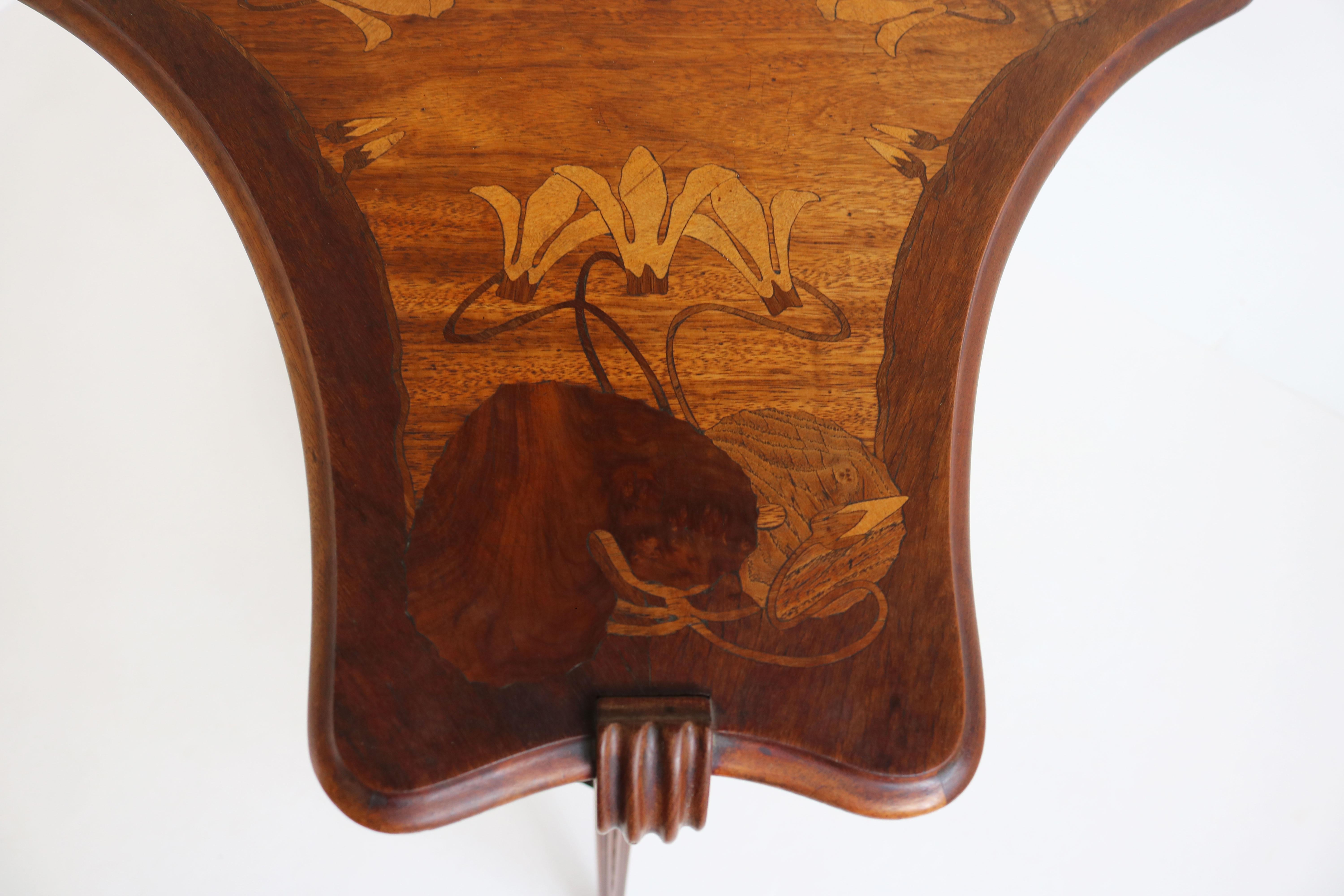 Walnut French Art Nouveau Side Table / Gueridon by Louis Majorelle Nancy 1900 Lillies