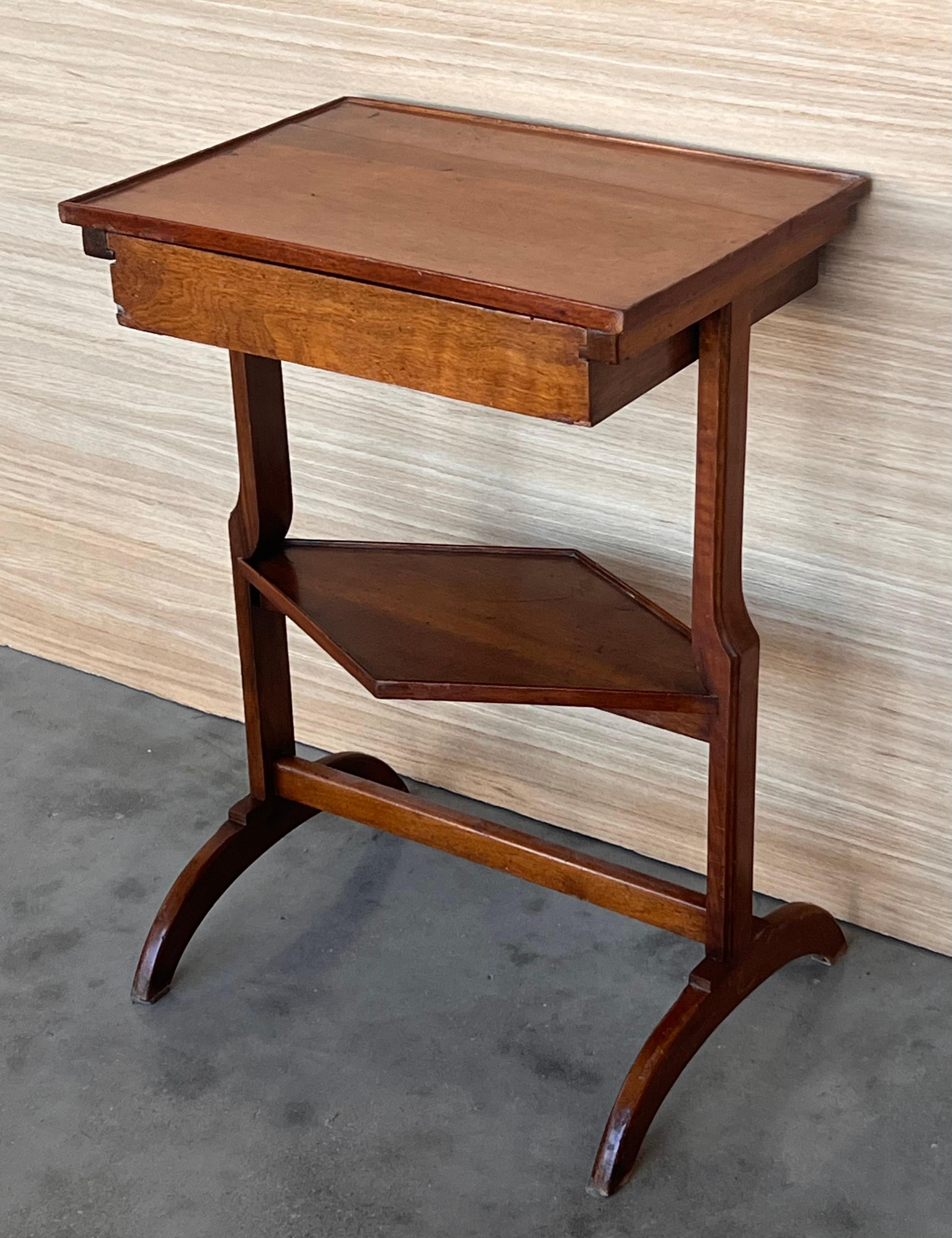 Walnut French Art Nouveau Side Table or Nightstand with drawer and shelve For Sale