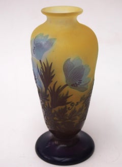 French Art Nouveau Signed Blue Anemone Emile Gallé Cameo Glass Vase circa, 1920