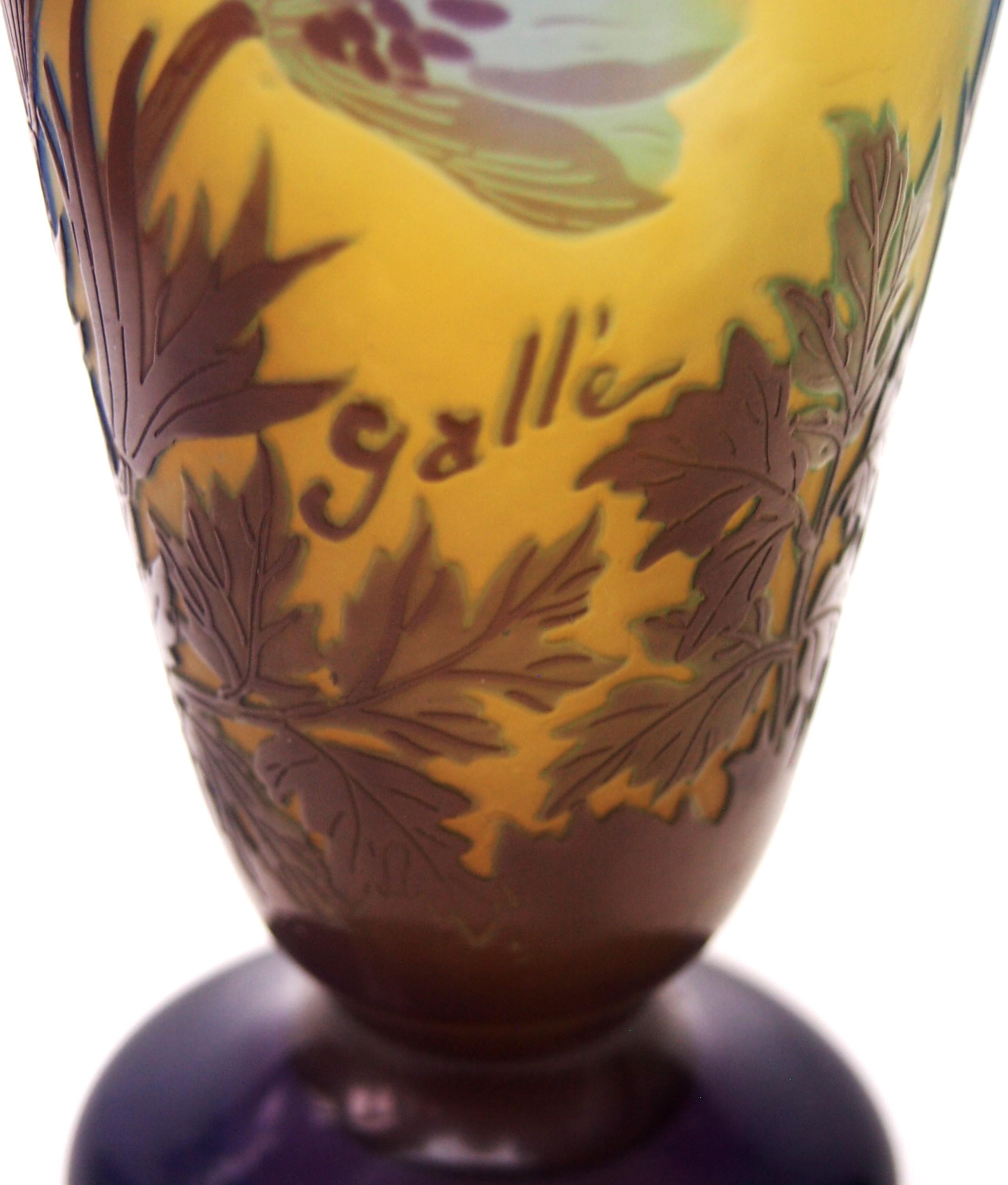 French Art Nouveau Signed Blue Anemone Emile Gallé Cameo Glass Vase circa, 1920 For Sale 3